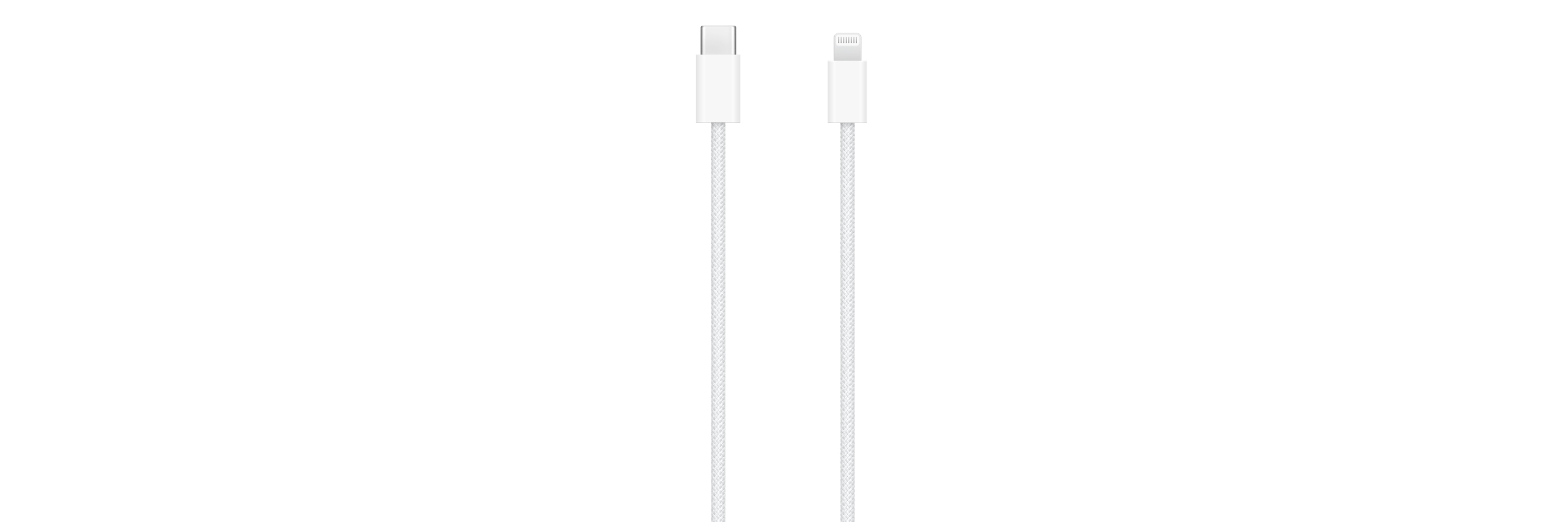 Biały kabel USB-C do Lightning, na białym tle, pokazujący oba końce złącza.