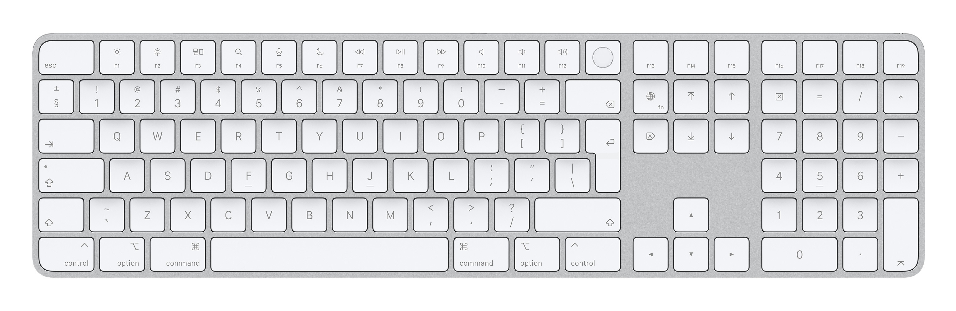 A silver keyboard with white keys, arranged in a standard layout, against a white background.