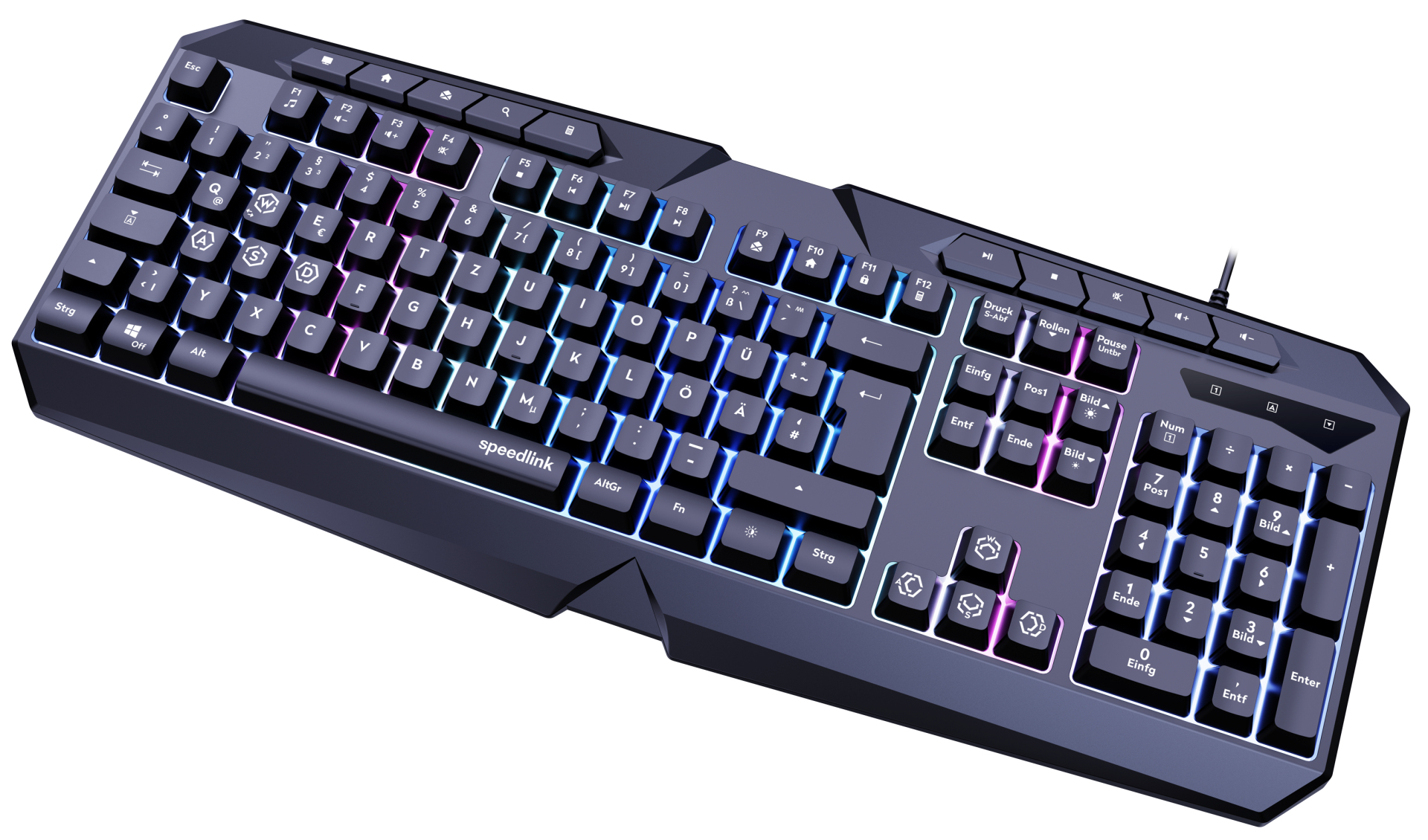 Schwarze Tastatur mit mehrfarbiger Beleuchtung. Die Tasten sind mit Buchstaben und Symbolen beschriftet. Das Design ist abgewinkelt.