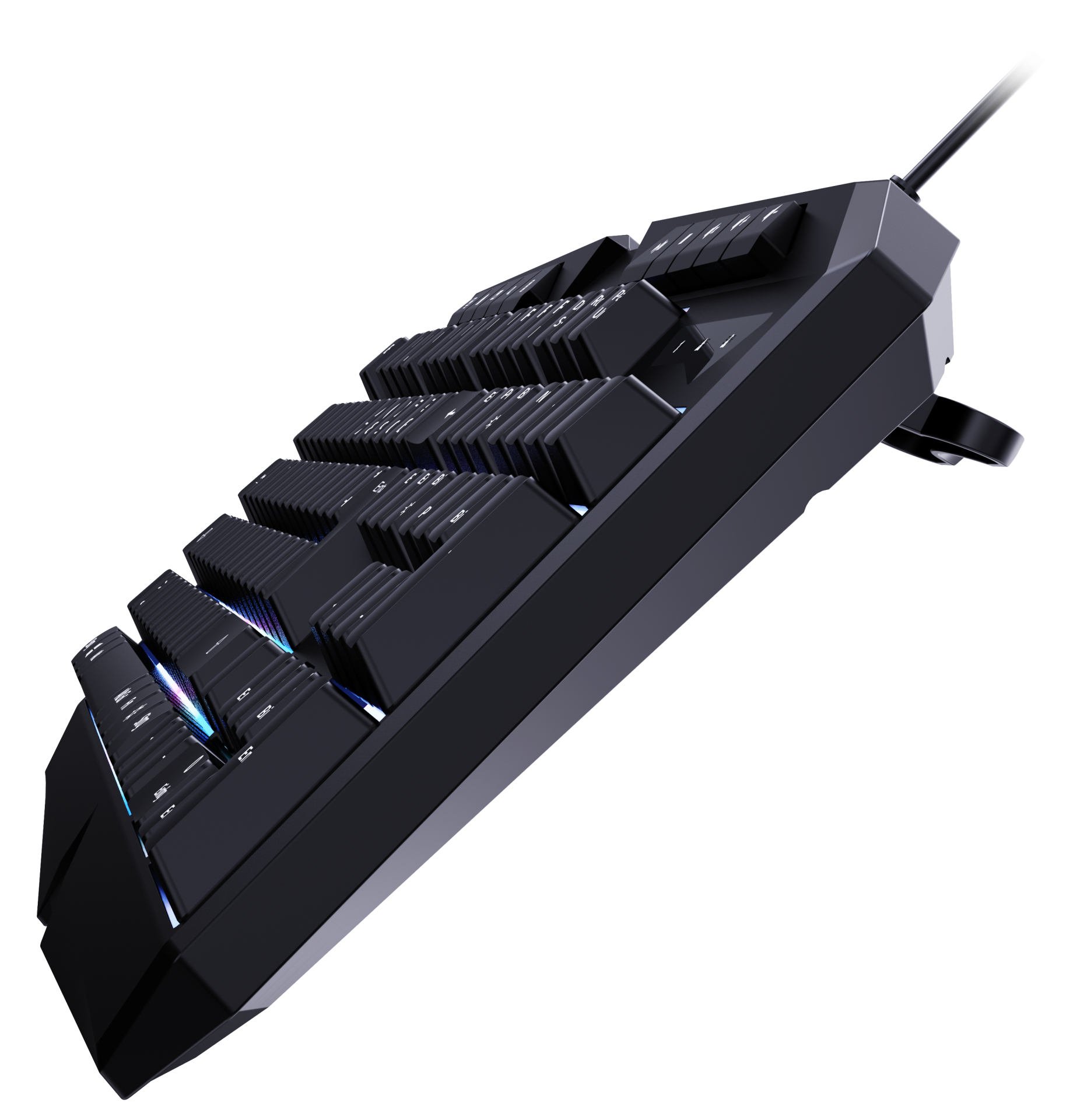 Schwarze Tastatur mit abgewinkelten Tasten. Sie hat mehrere Tastenreihen und ein Kabel, das oben befestigt ist.