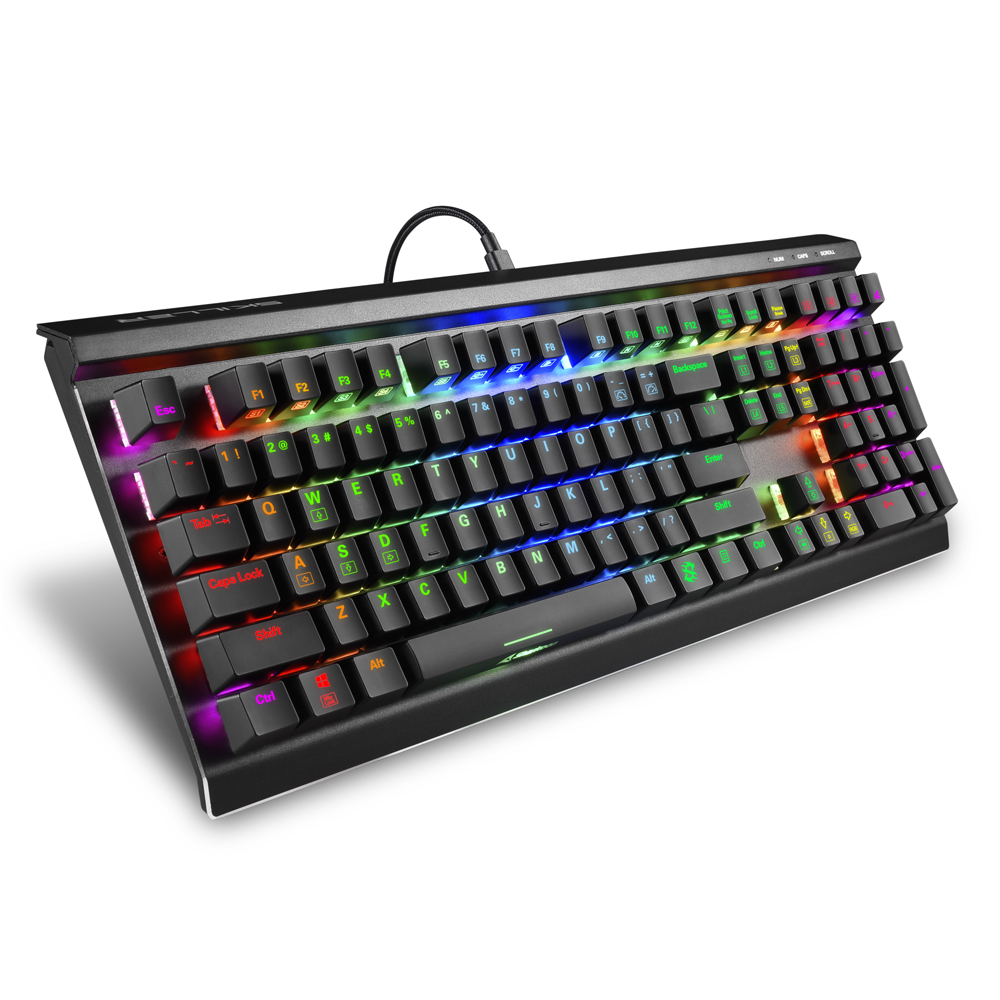 Tastiera da gioco nera con tasti multicolore. Illuminazione RGB. Tasti con lettere e simboli bianchi.