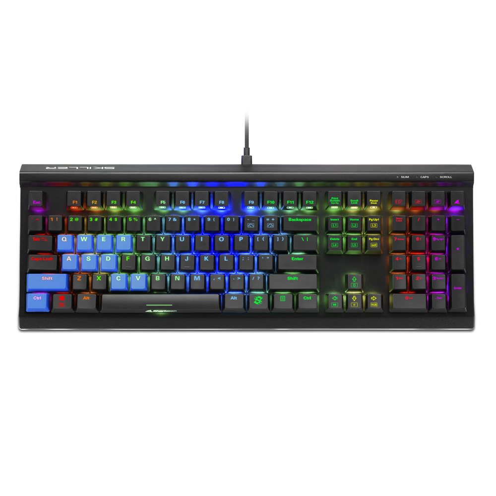 Una tastiera gaming nera con tasti retroilluminati colorati.