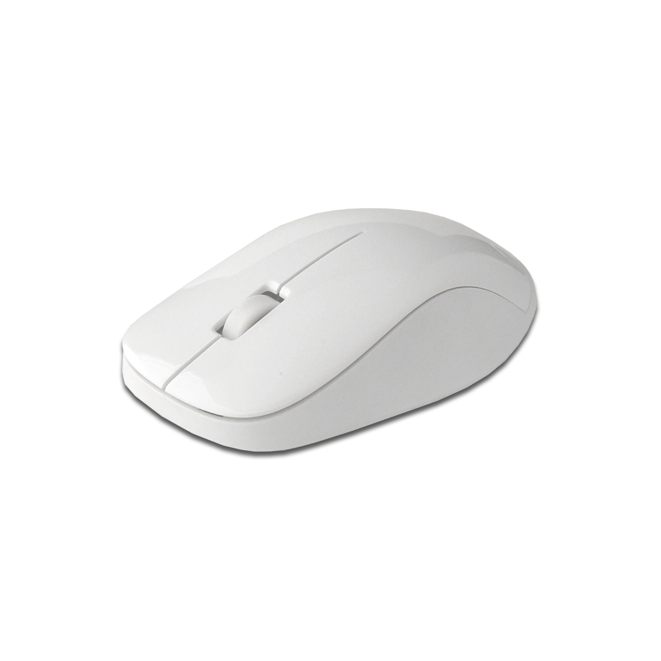 Un mouse per computer bianco con rotella di scorrimento e superficie bianca intorno.