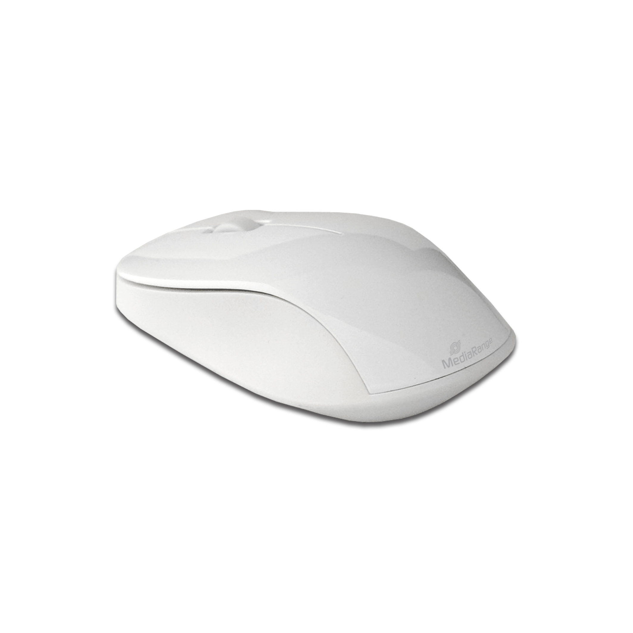 Un mouse wireless bianco con un design semplice su sfondo bianco.