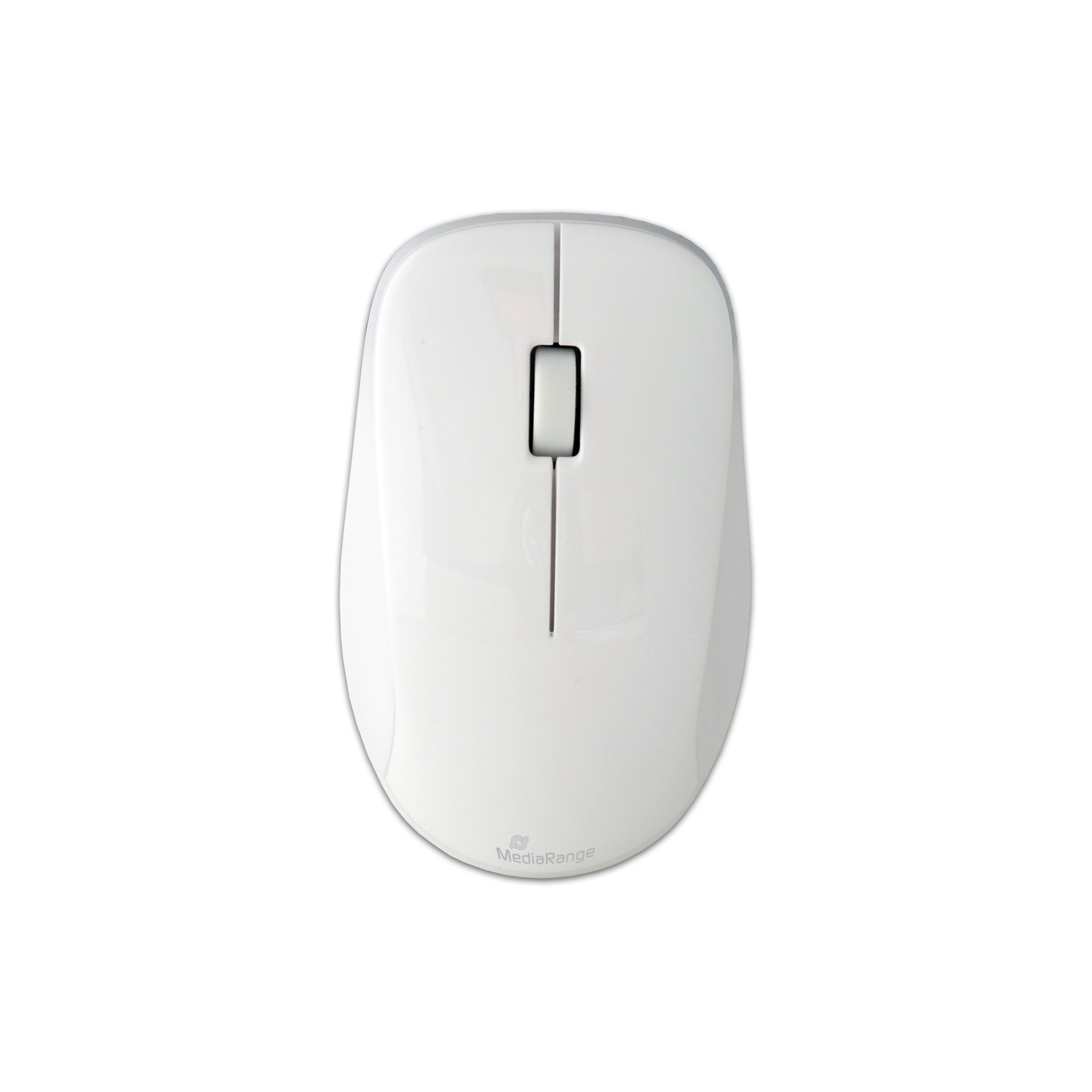 Mouse bianco con rotella e linea nera, isolato su sfondo bianco.