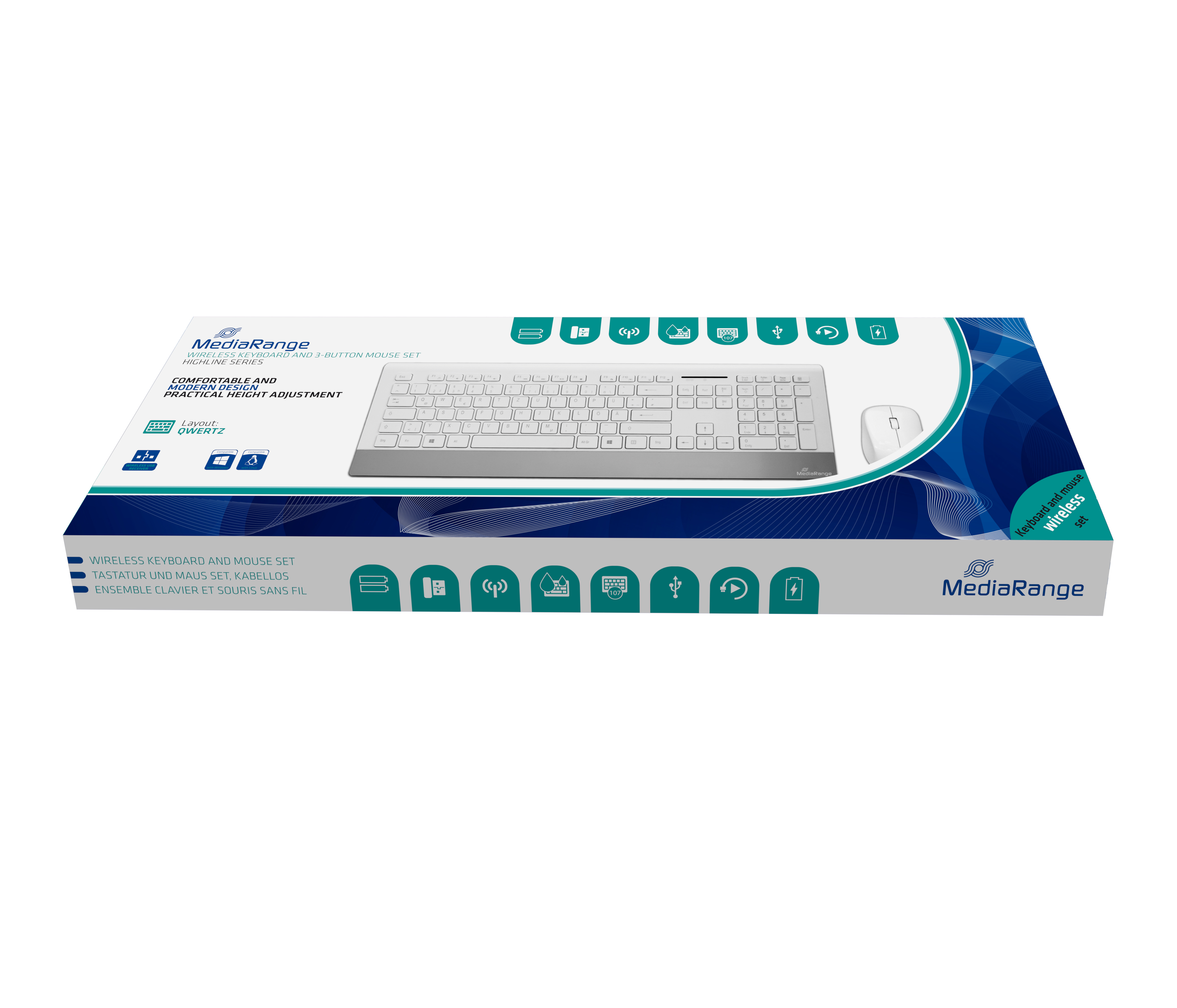 Combo tastiera e mouse bianco in una scatola, con il logo e il testo MediaRange.
