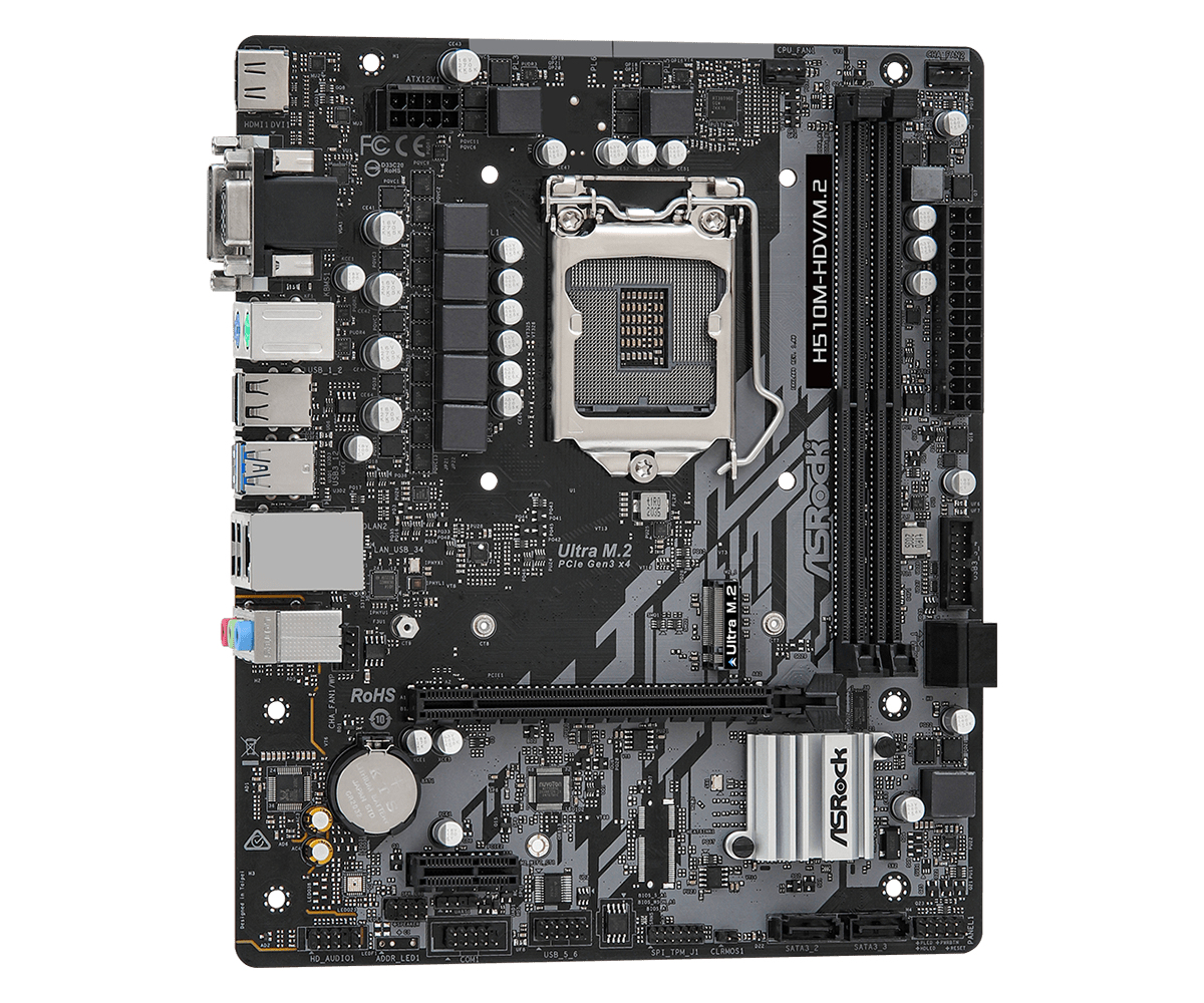 Schwarzes Computer-Motherboard mit verschiedenen Anschlüssen, Chips und CPU-Sockel.