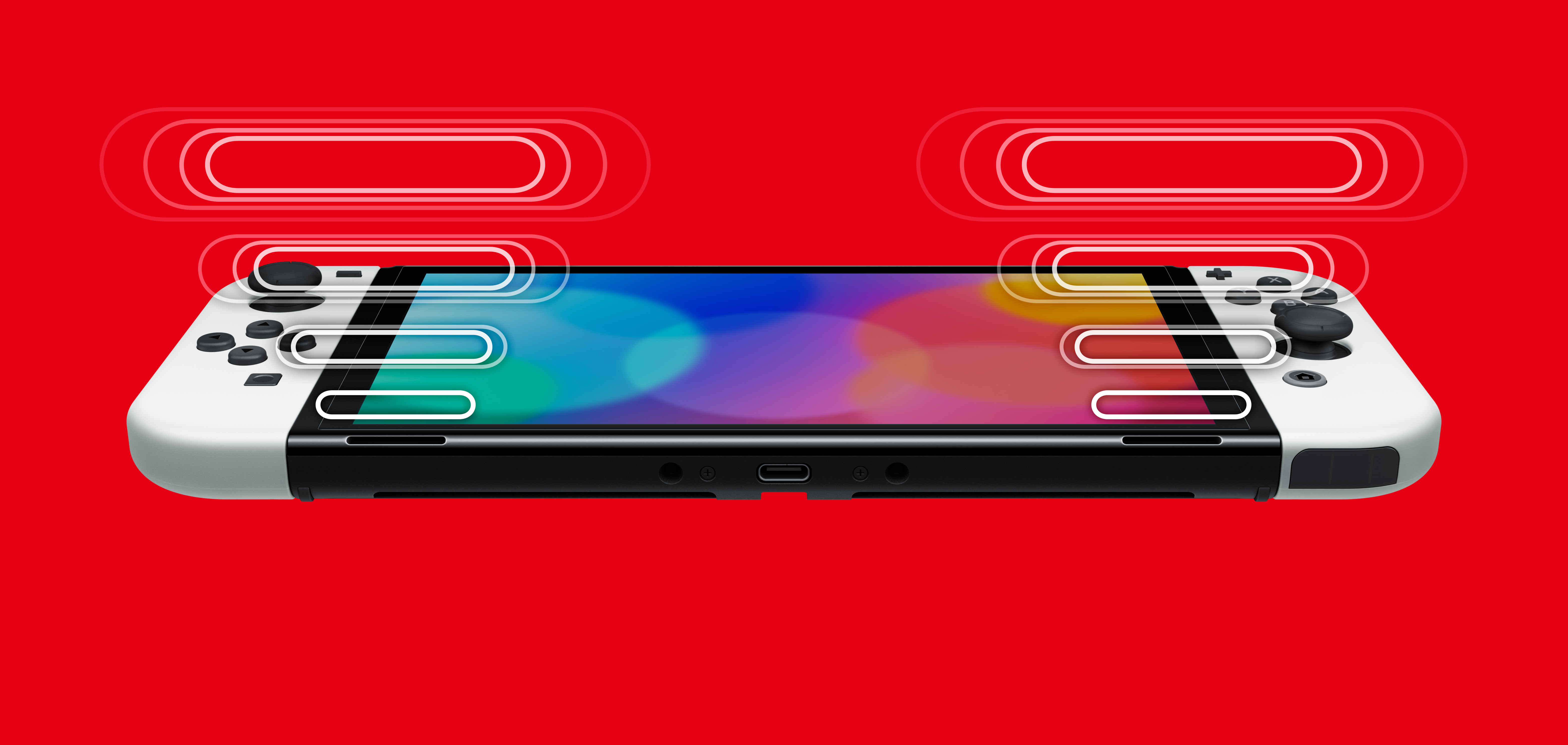 Biała konsola Nintendo Switch na czerwonym tle z etykietami.