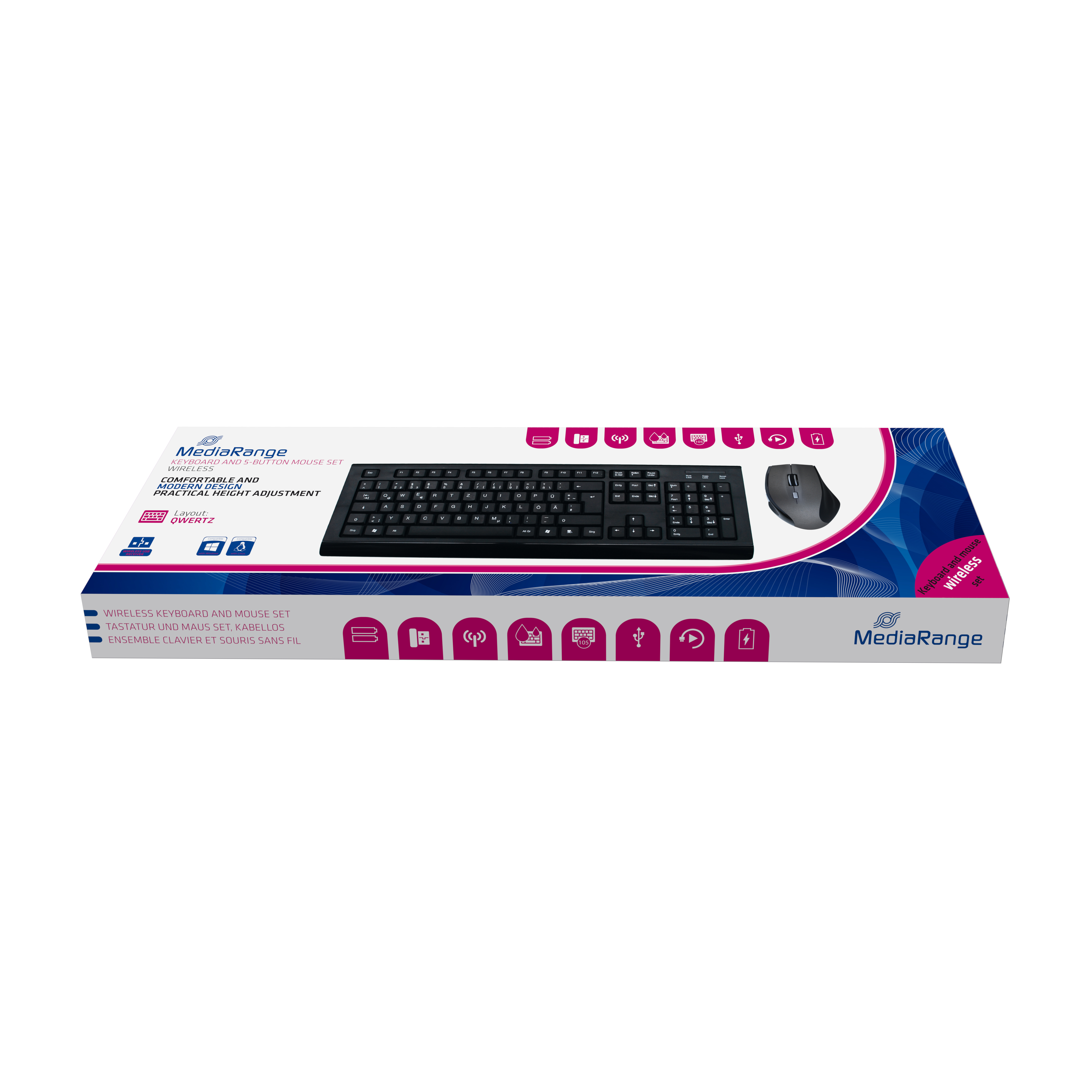 Box mit Tastatur- und Mausset, schwarz, mit Branding und Bildern.