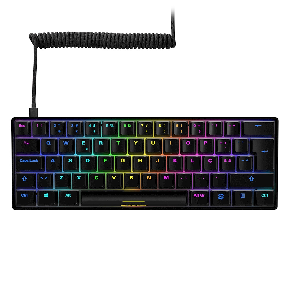 Schwarze Tastatur mit RGB-Beleuchtung und Spiralkabel. Kompaktes Design mit vielen Tasten.