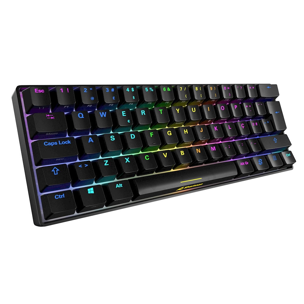 Schwarze Tastatur mit regenbogenfarben beleuchteten Tasten und kompaktem Layout.