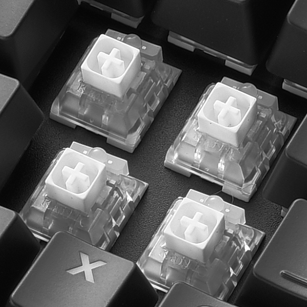 Primer plano de interruptores de teclado mecánico. Plástico transparente con tallos blancos en cruz.