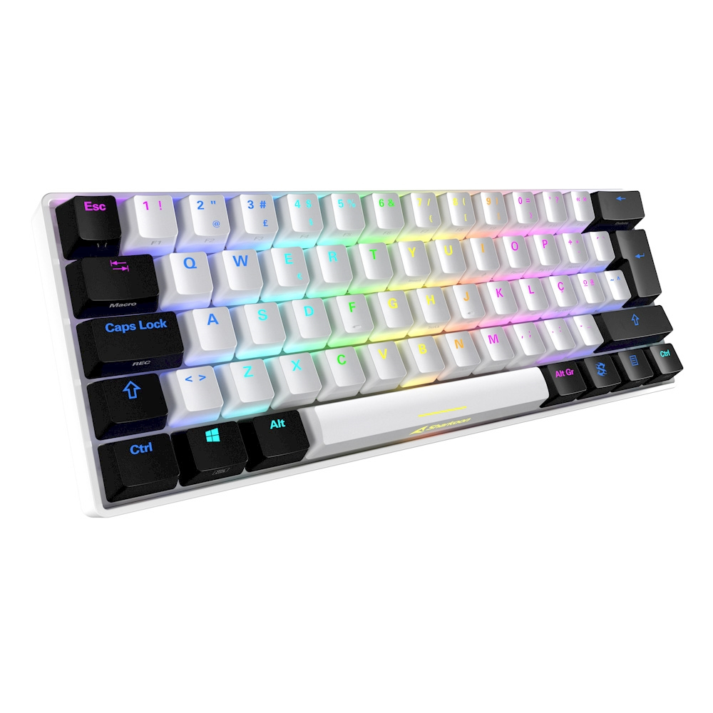 Weiß-schwarze Gaming-Tastatur. Bunte, beleuchtete Tasten sind sichtbar, Winkelansicht.