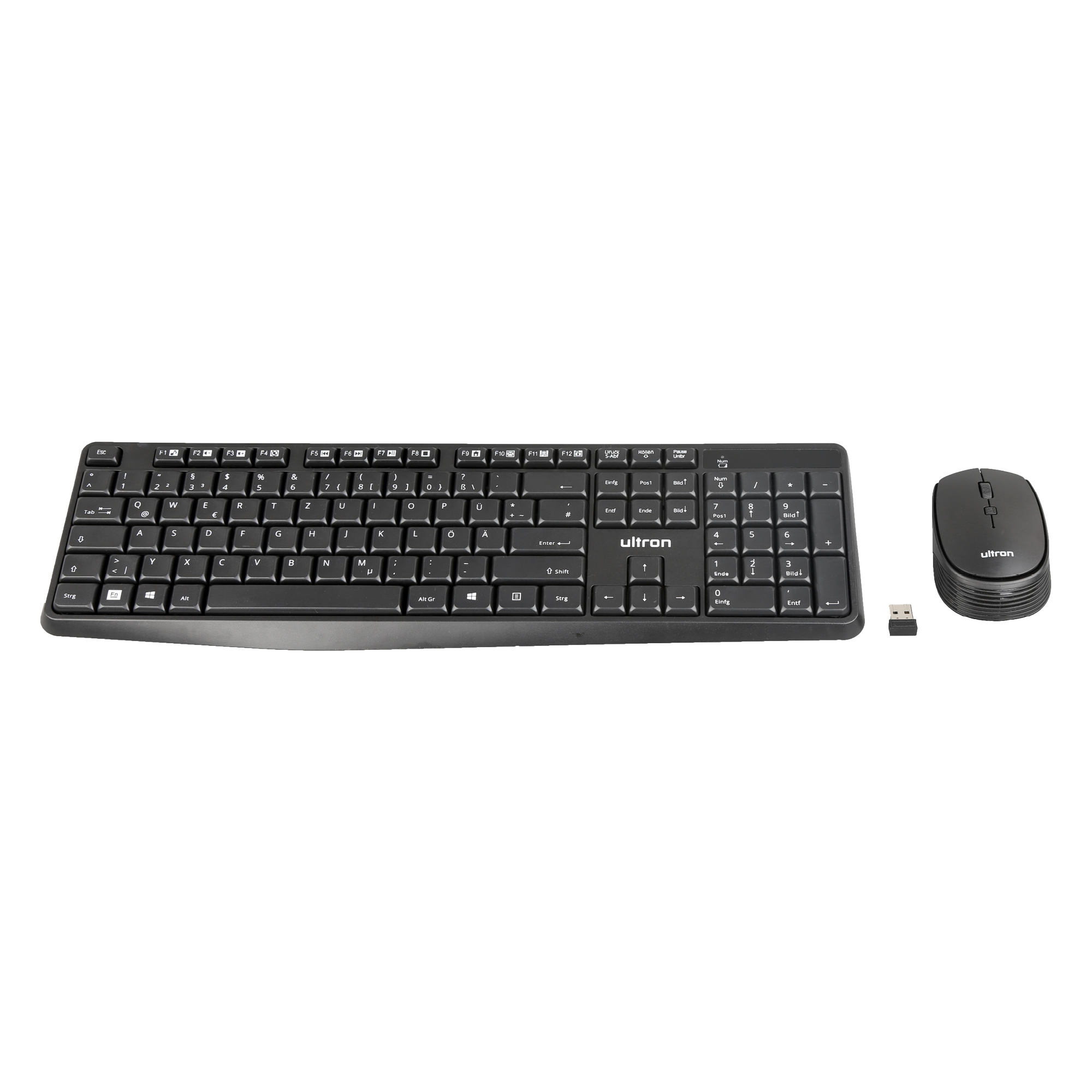 Combo tastiera e mouse neri con ricevitore USB, isolato su sfondo bianco.