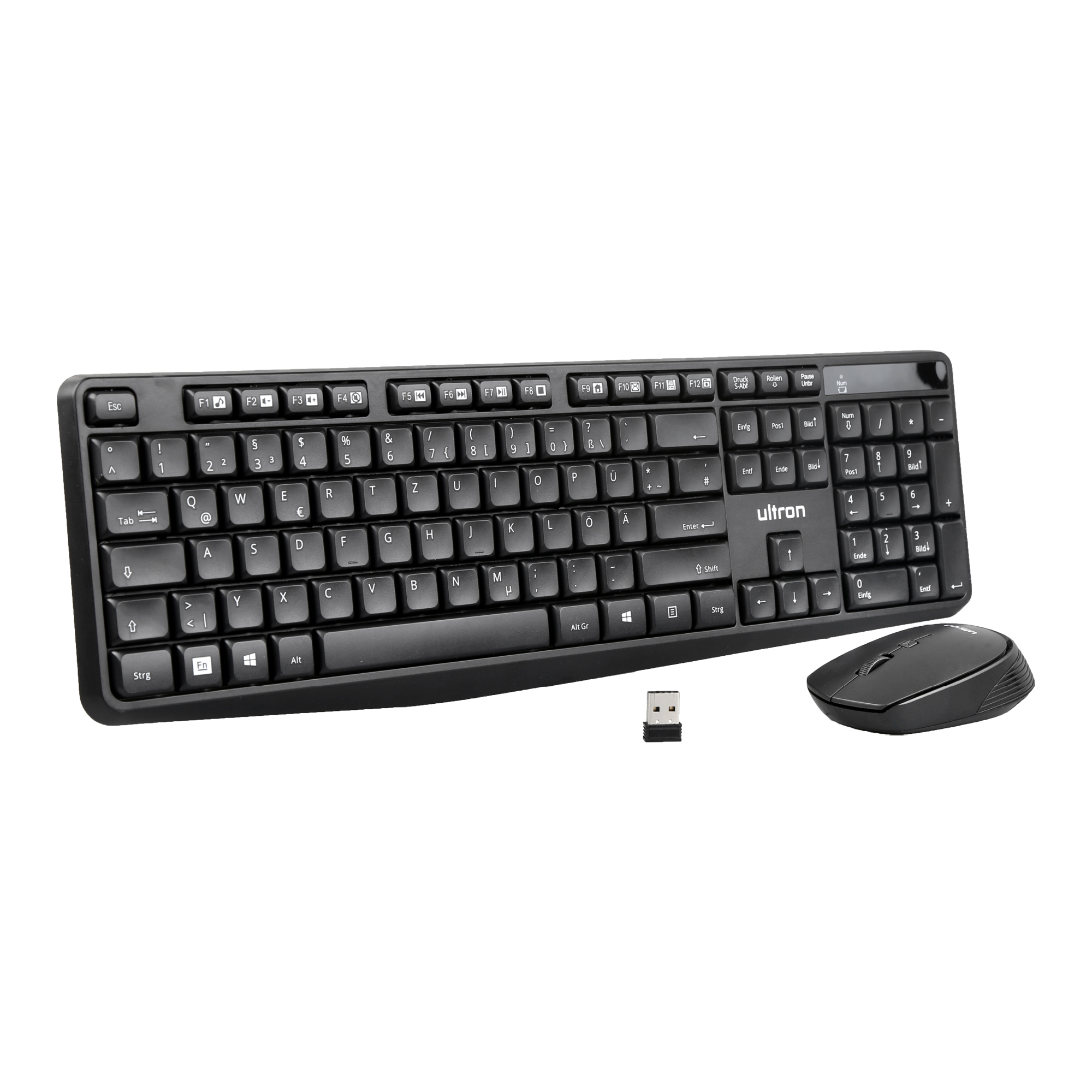 Tastiera nera con mouse e ricevitore USB. La tastiera ha un layout standard.