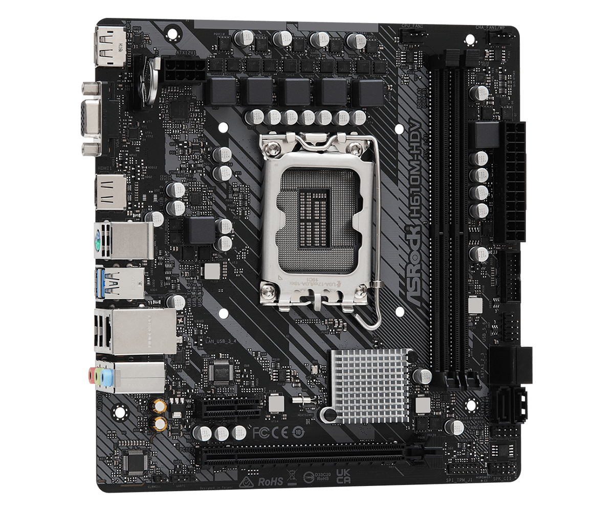 Ein schwarzes Motherboard mit verschiedenen Anschlüssen, Chips und Steckplätzen auf weißem Hintergrund.