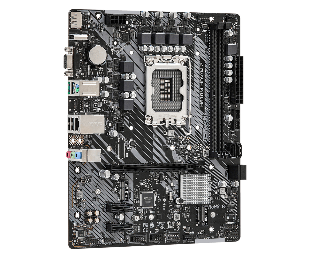 Ein Computer-Motherboard mit verschiedenen Komponenten. Es ist überwiegend grau und schwarz.