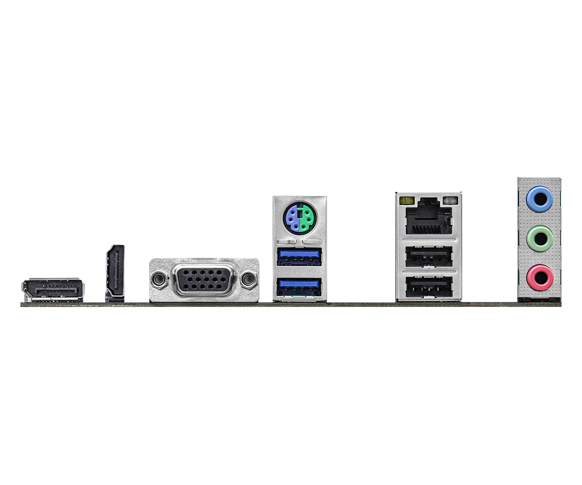 Die Rückseite eines Computer-Motherboards mit verschiedenen Anschlüssen, einschließlich USB- und Audioanschlüssen.