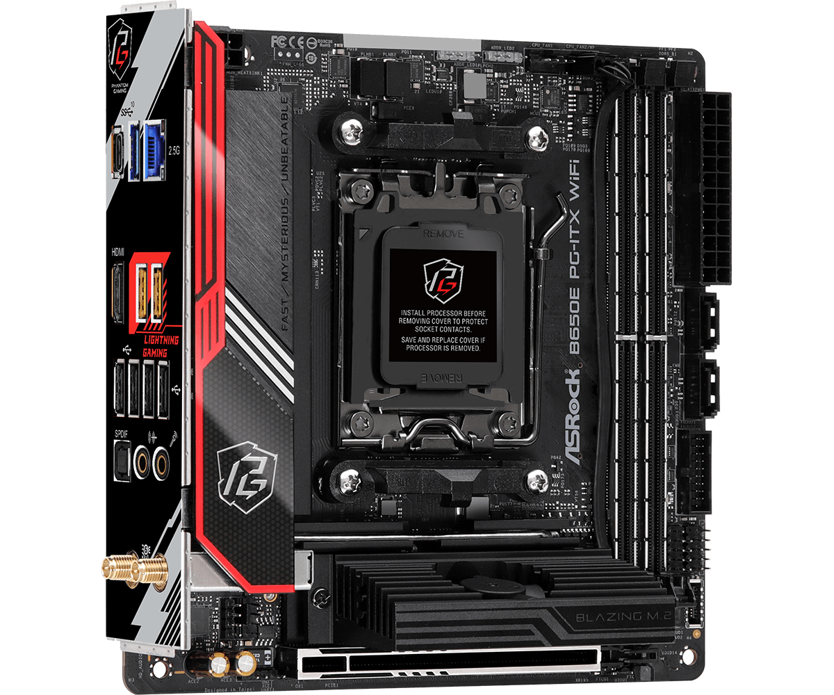 Una scheda madre per computer nera e rossa con vari componenti. Include un socket CPU e porte.