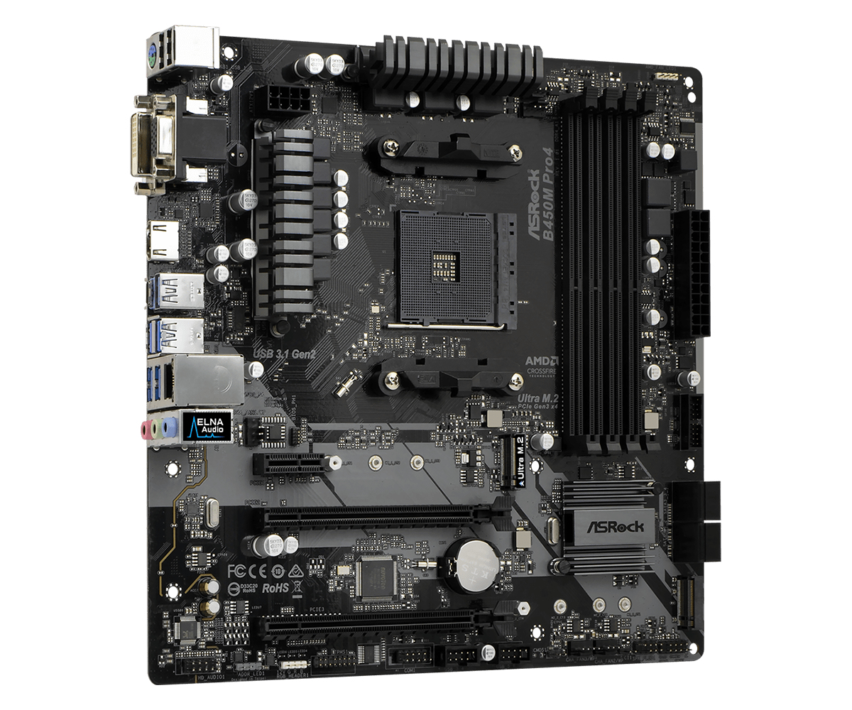 Scheda madre ASRock nera con vari componenti e porte. La scheda è densamente ricca di funzionalità.