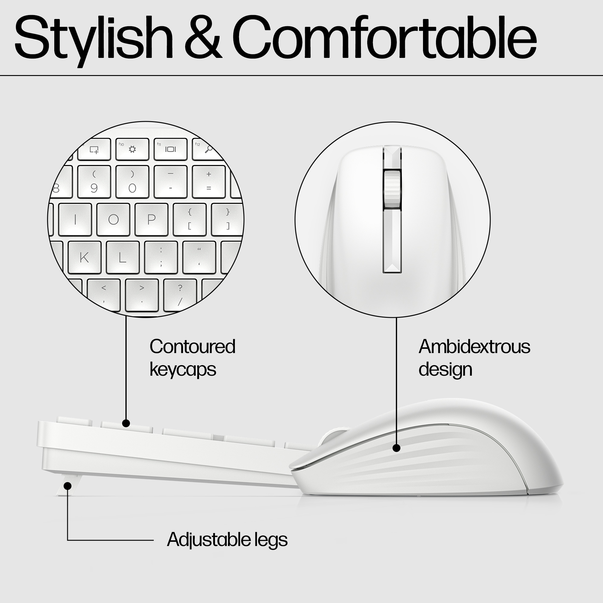 White keyboard and mouse set. The keyboard has contoured keycaps and adjustable legs.