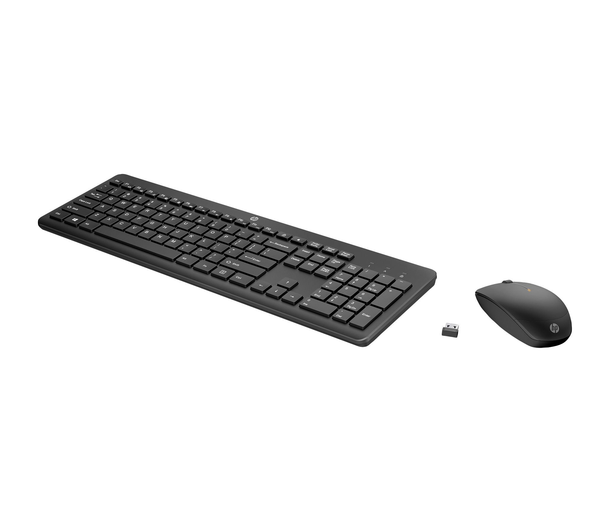 Conjunto de teclado y ratón negro con receptor USB. Fondo blanco.
