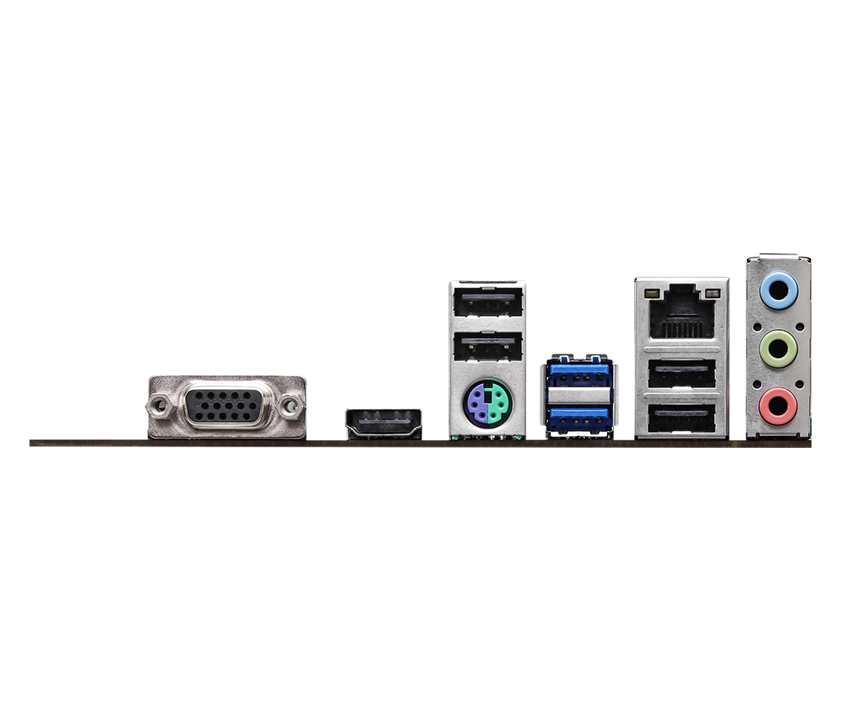 Rückseite eines Motherboards, die verschiedene Anschlüsse in einer Reihe zeigt, darunter USB-, Audio- und Videoanschlüsse.