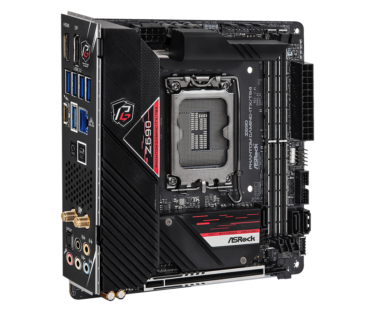Computer-Motherboard. Schwarzes und rotes Design mit verschiedenen Anschlüssen und Ports.