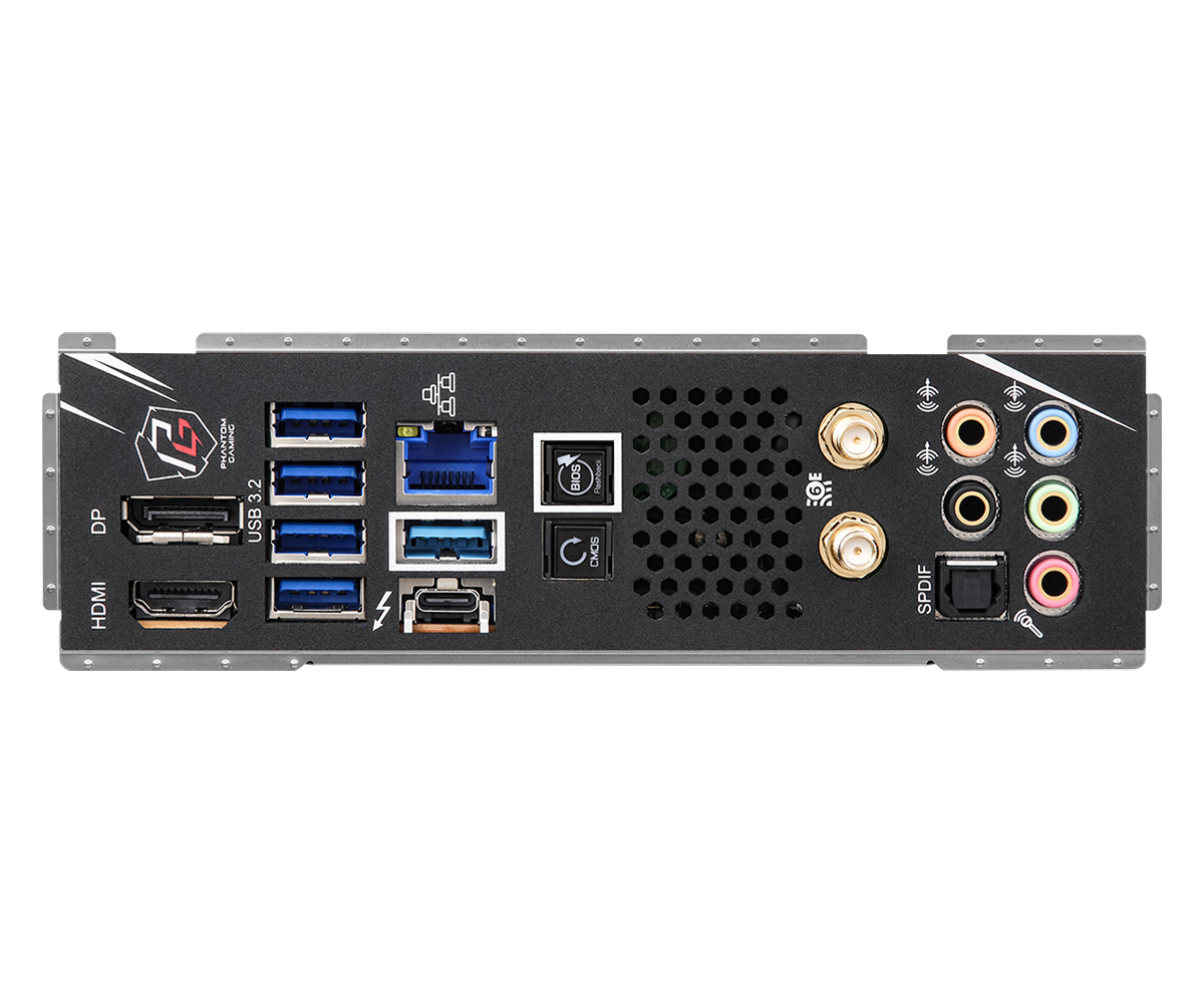 Rückwand der Hauptplatine mit verschiedenen Anschlüssen: USB, Audio, HDMI, DP, LAN und mehr.