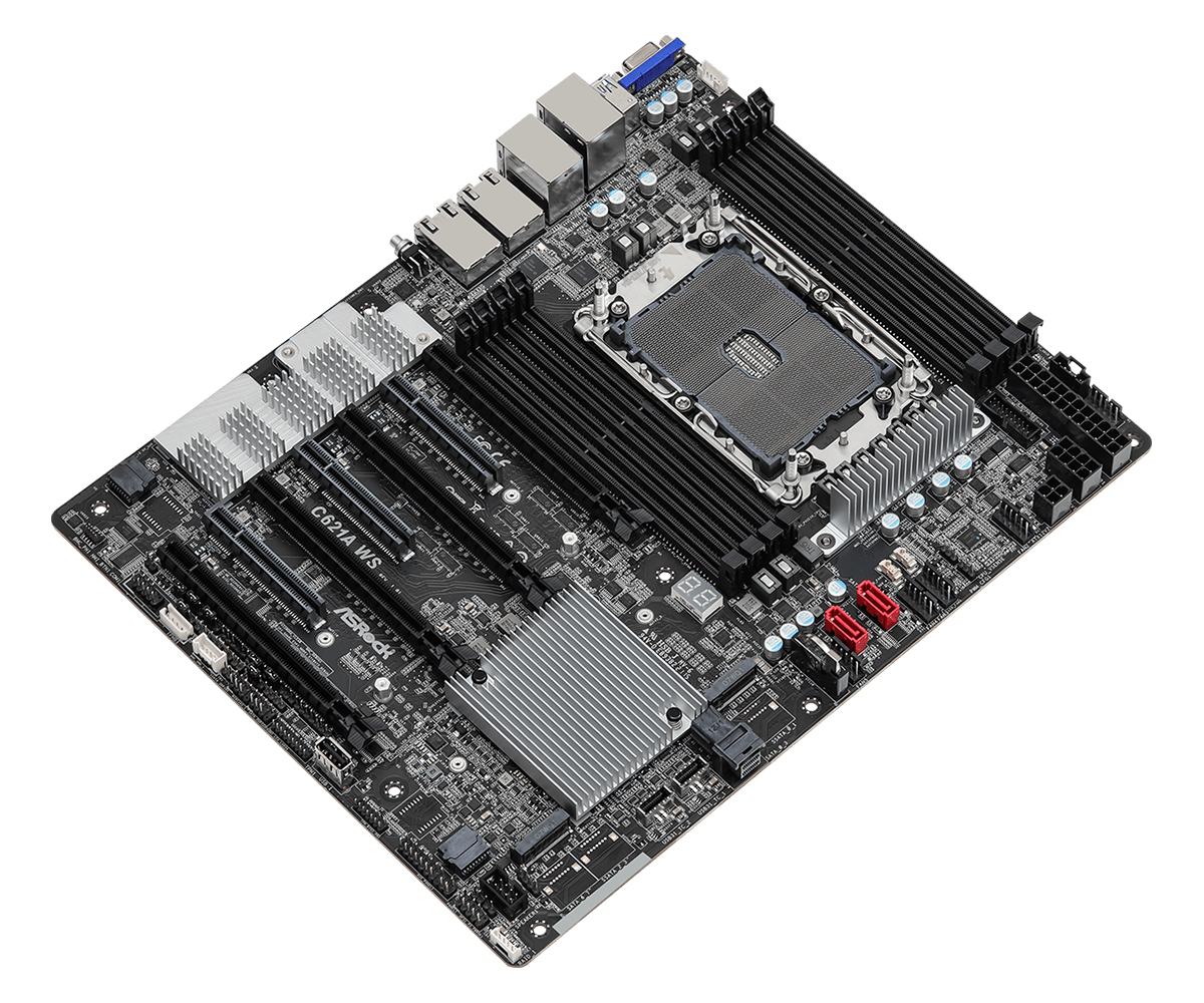 Schwarzes Computer-Motherboard mit silbernen Kühlkörpern, Steckplätzen und Anschlüssen.