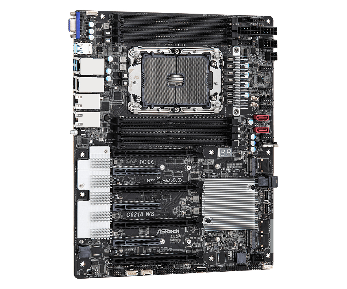 Computer-Motherboard mit vielen Komponenten, Anschlüssen und CPU-Sockel.