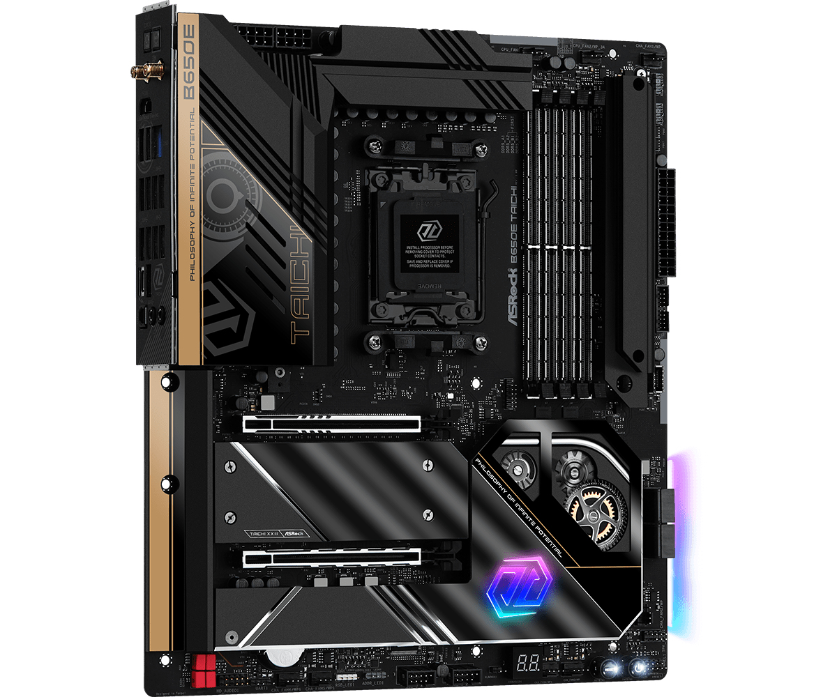 Una scheda madre nera e dorata con vari componenti. Il marchio è ASRock. C'è una grafica sul lato.