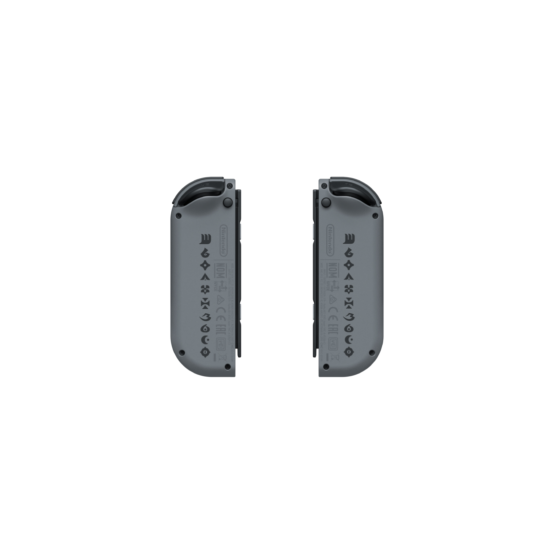 Zwei graue Nintendo Switch Joy-Con-Controller, Rückseiten nach oben, zeigen Knöpfe und Logos.