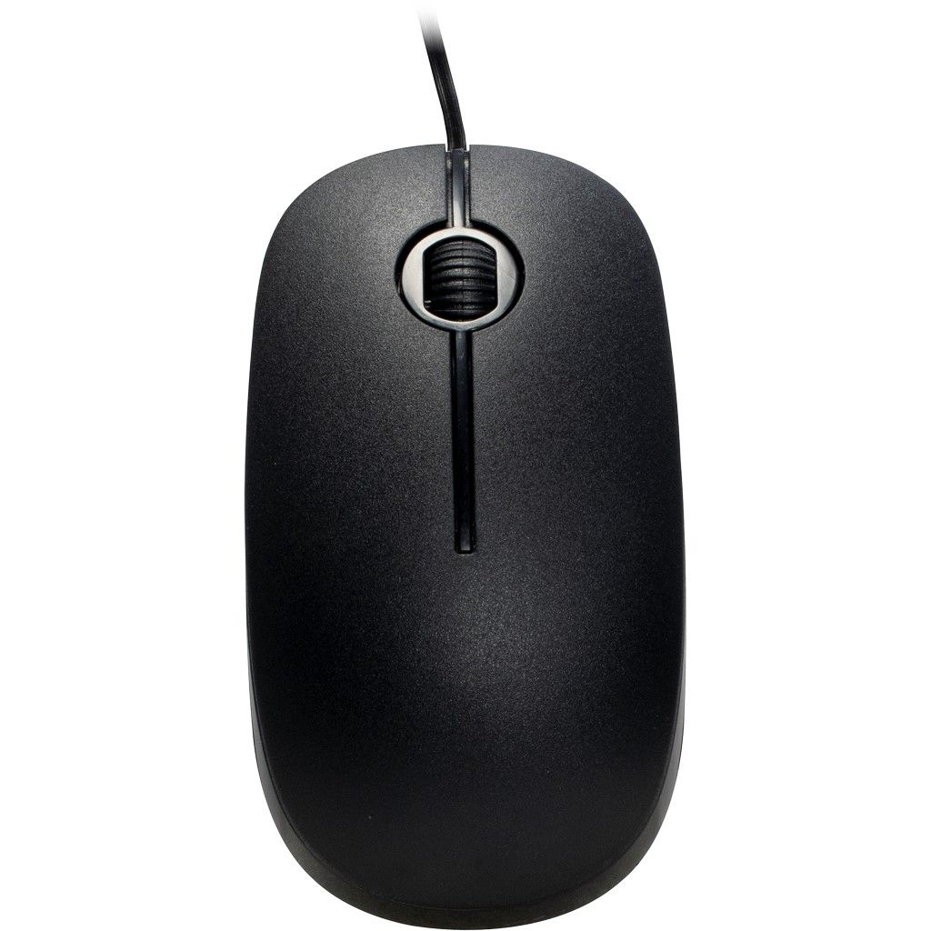 Schwarze Computermaus mit Scrollrad, einfaches Design, isoliert auf weißem Hintergrund.