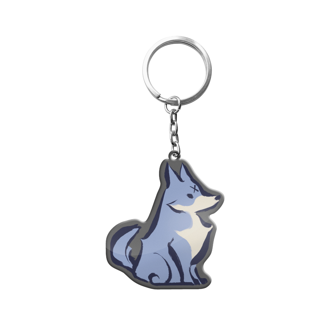 Blau-weißer Wolf-Schlüsselanhänger. Mit silbernem Ring, Kette und Cartoon-Wolf-Design.