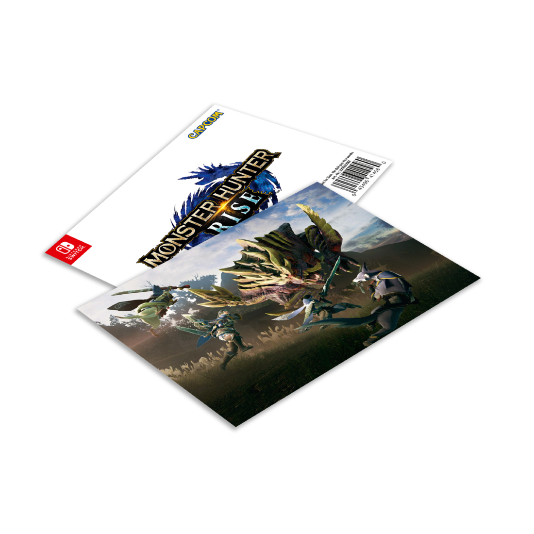 Spielhülle und Karte von Monster Hunter Rise, mit Spielgrafik auf Weiß.