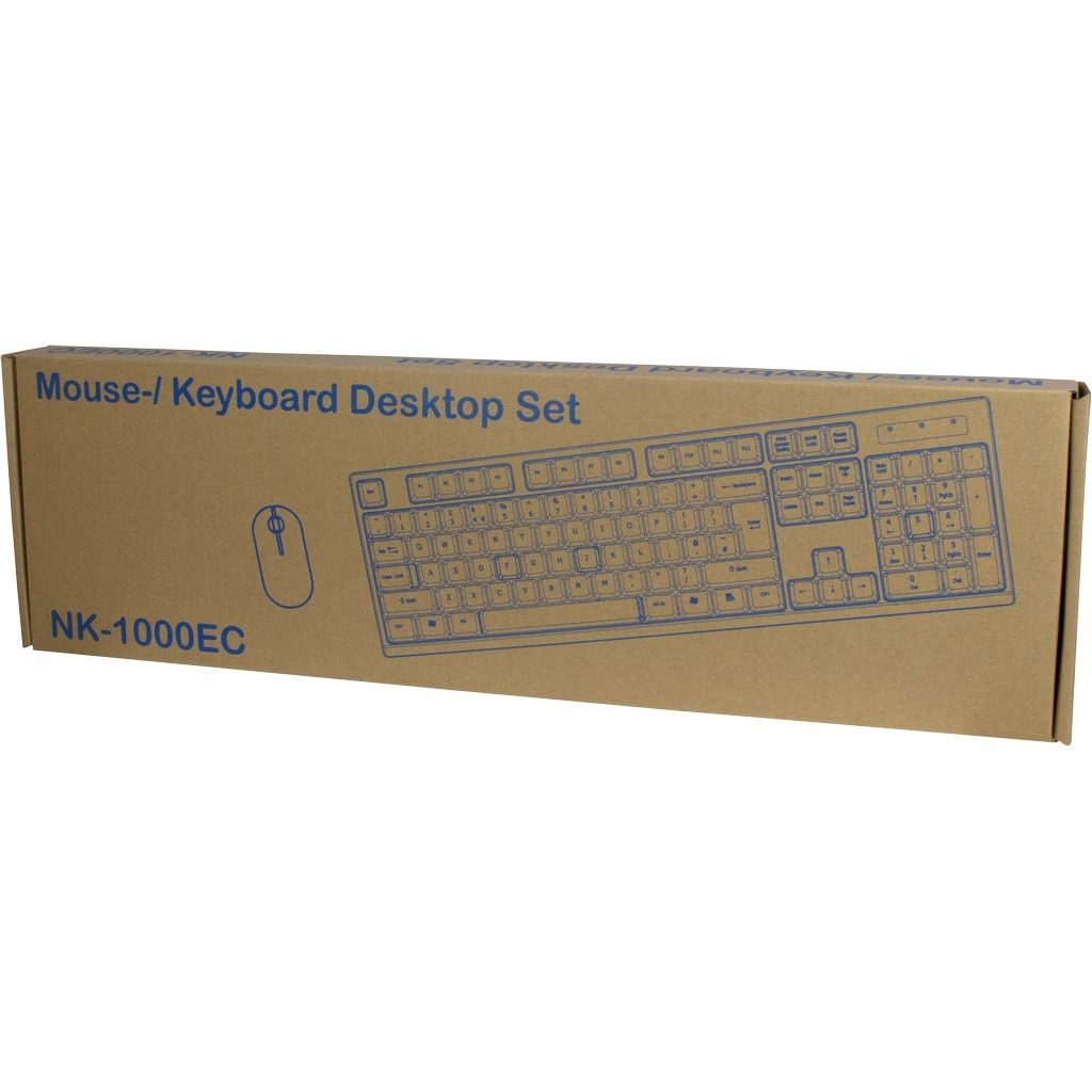Ein Karton mit einer Tastatur- und Mausillustration. Die Box ist braun und trägt den Text "Mouse-/Keyboard Desktop Set".