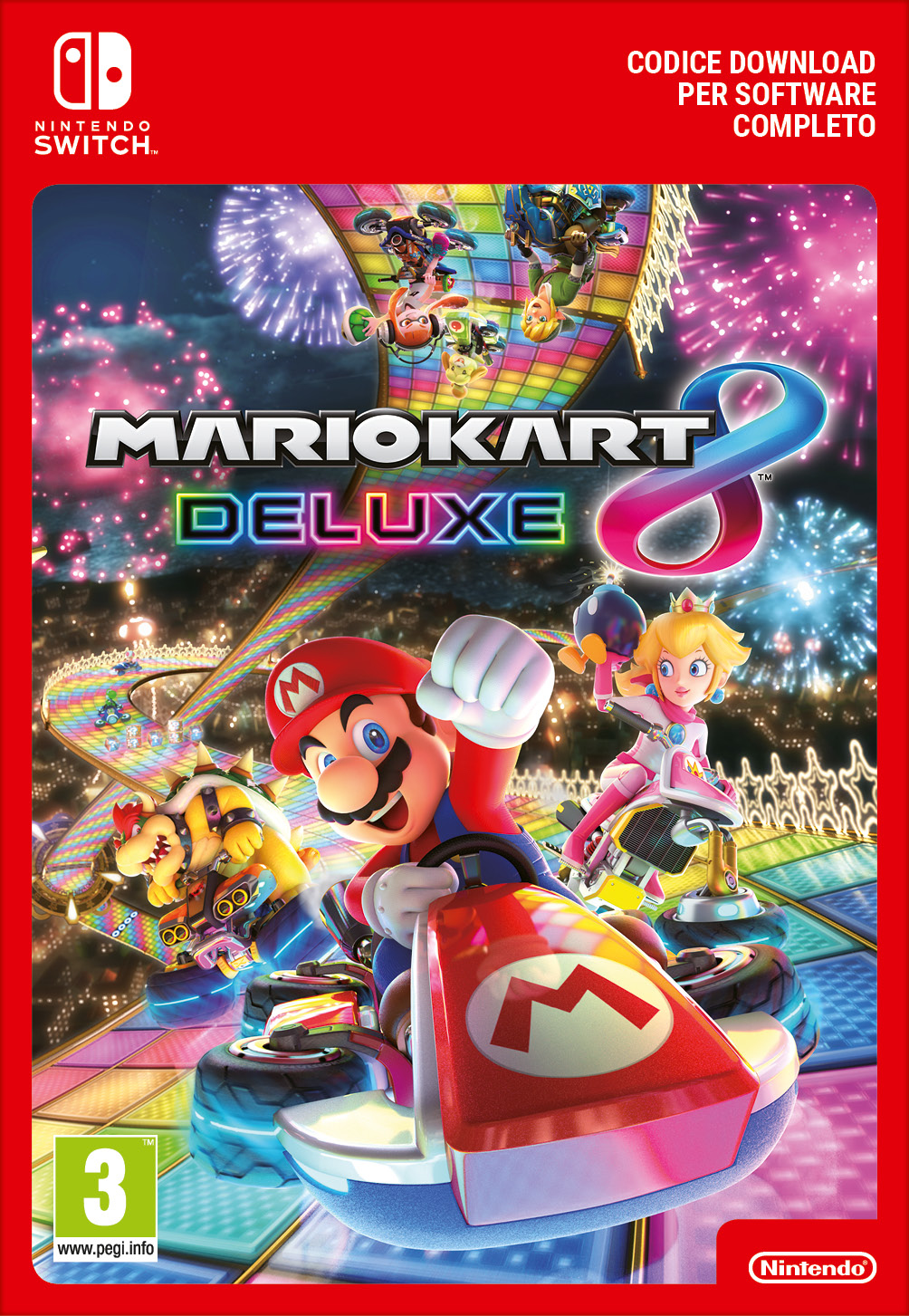 Mario Kart 8 Deluxe Spielbox. Mario im Kart, Peach im Kart, Bowser im Kart. Roter Hintergrund.