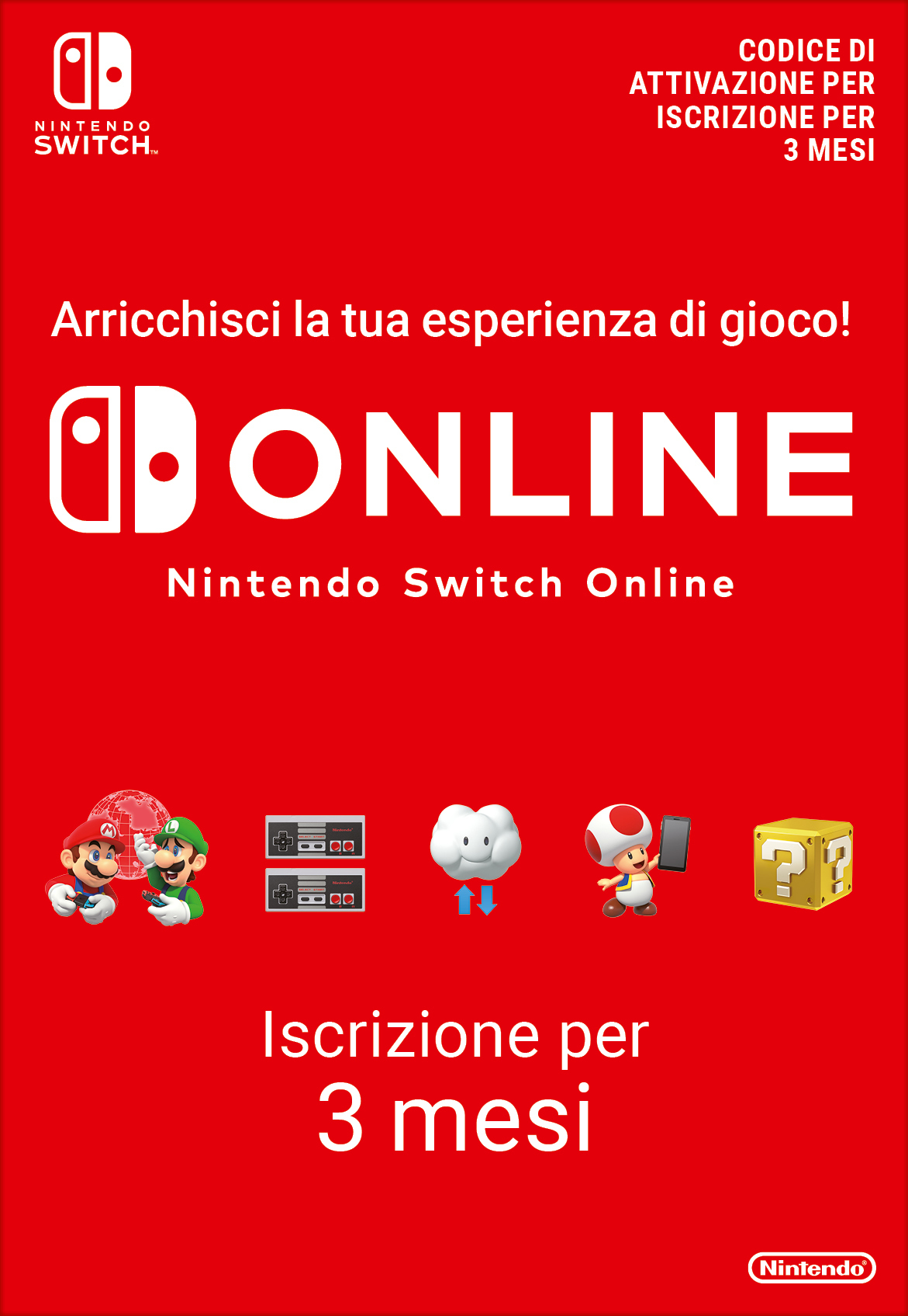 Eine rote Karte, die ein 3-Monats-Abonnement für Nintendo Switch Online mit Spielfiguren bewirbt.