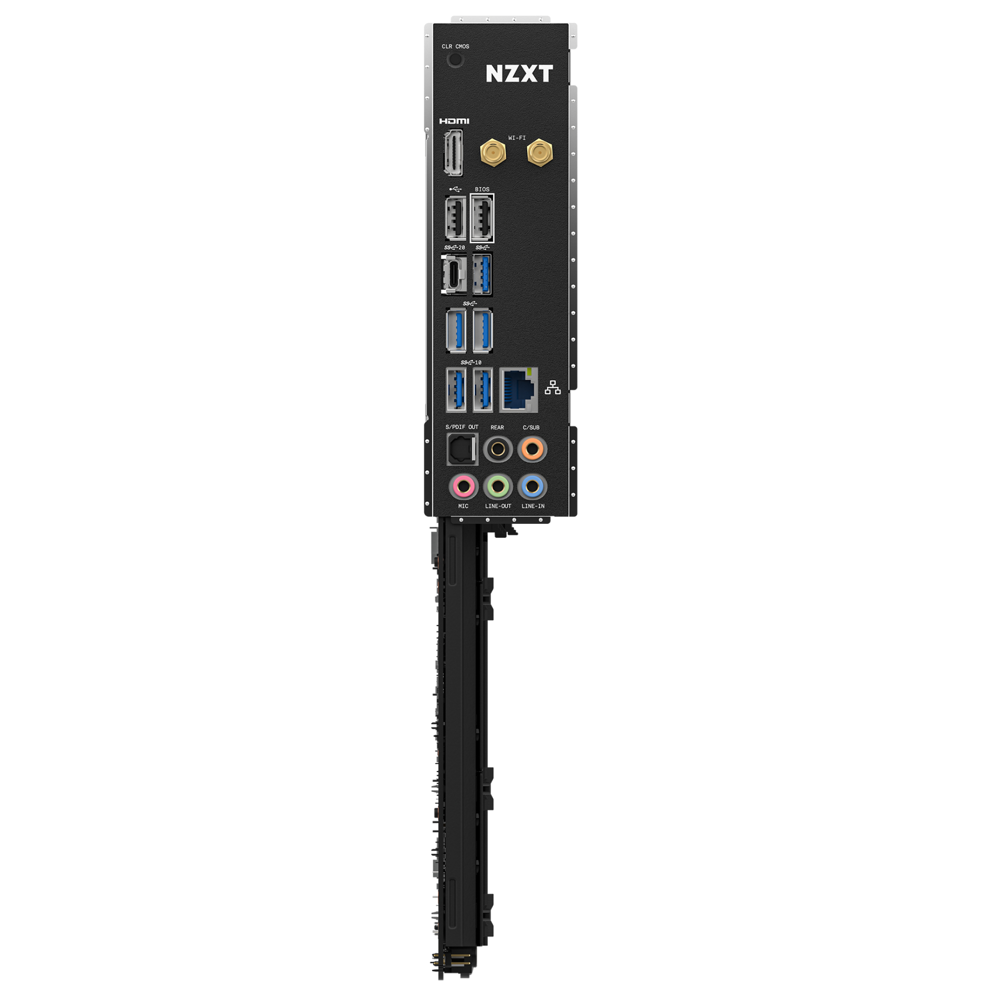 De achterkant van een zwart moederbord met verschillende poorten en aansluitingen. Het NZXT-logo is zichtbaar.