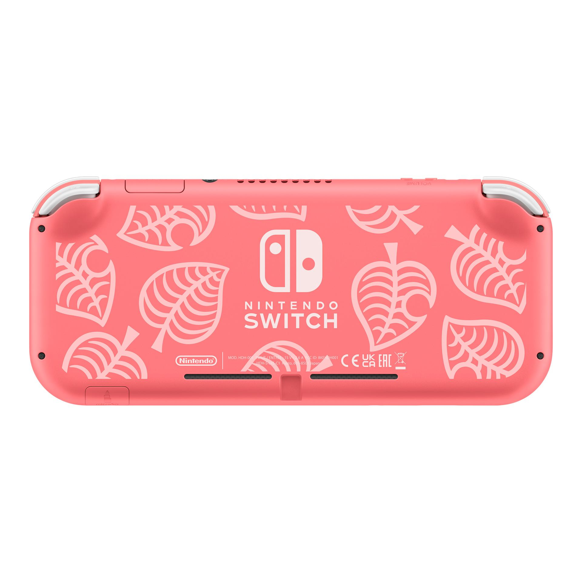 Een roze Nintendo Switch Lite-console met bladpatronen.