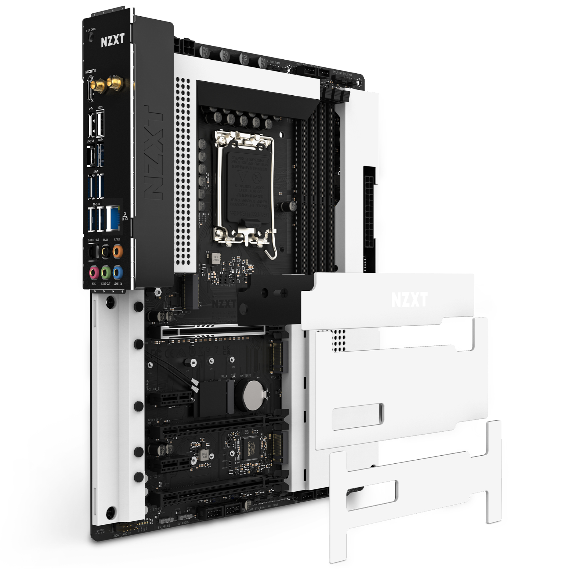Scheda madre del computer con coperture in plastica bianca. Sfondo bianco.
