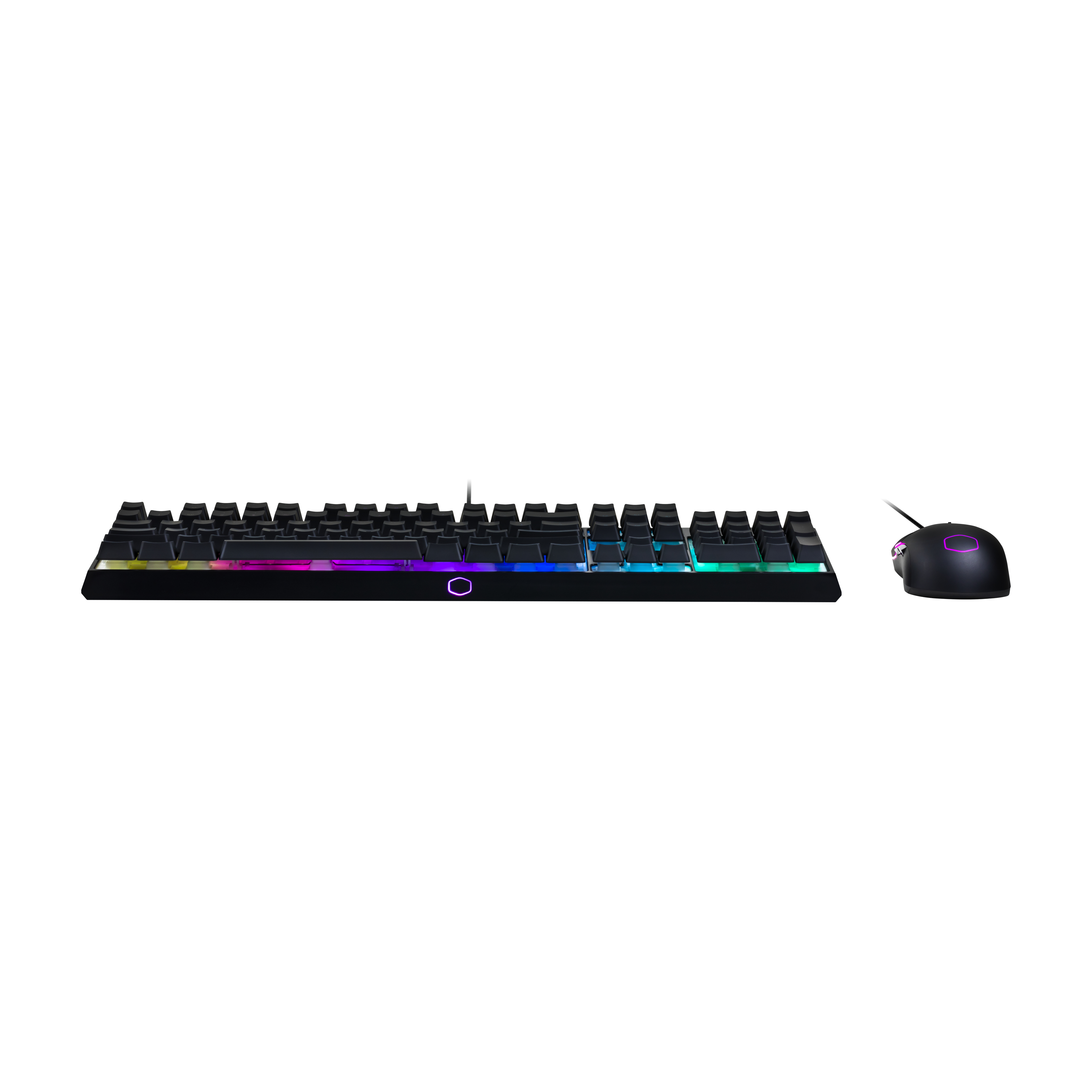 Schwarze Tastatur und Maus, RGB-Beleuchtung auf der Tastatur, weißer Hintergrund.