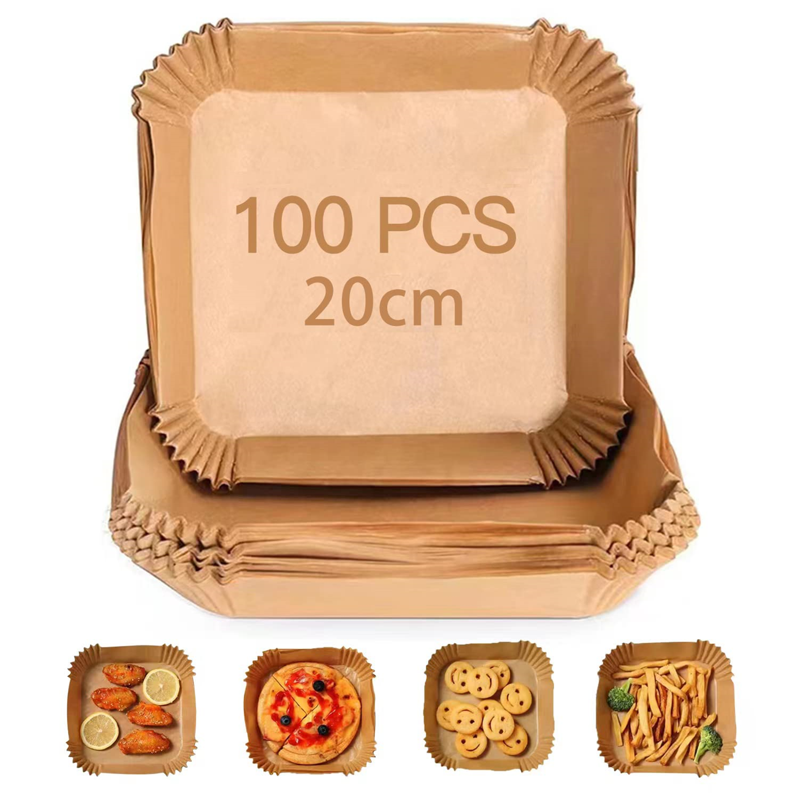 Braune Papier-Airfryer-Liner. Stapel von Linern und Beispielbilder von Lebensmitteln darin.