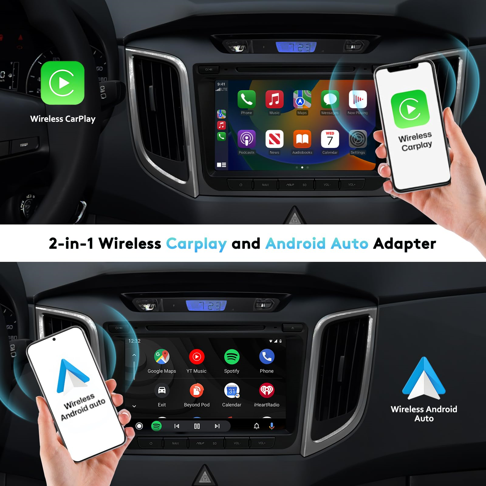 Autoinstrumententafel, die die Verwendung von Wireless CarPlay und Android Auto Adapter zeigt.