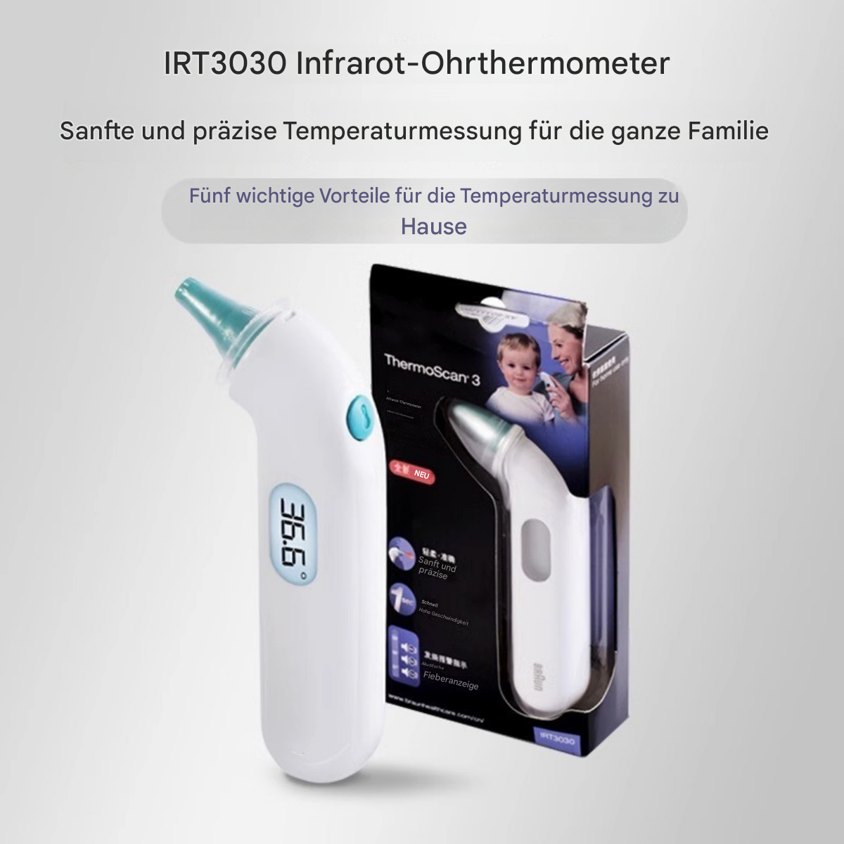 Ohrthermometer mit Box, weiß und blau. Box zeigt Familie bei der Anwendung.