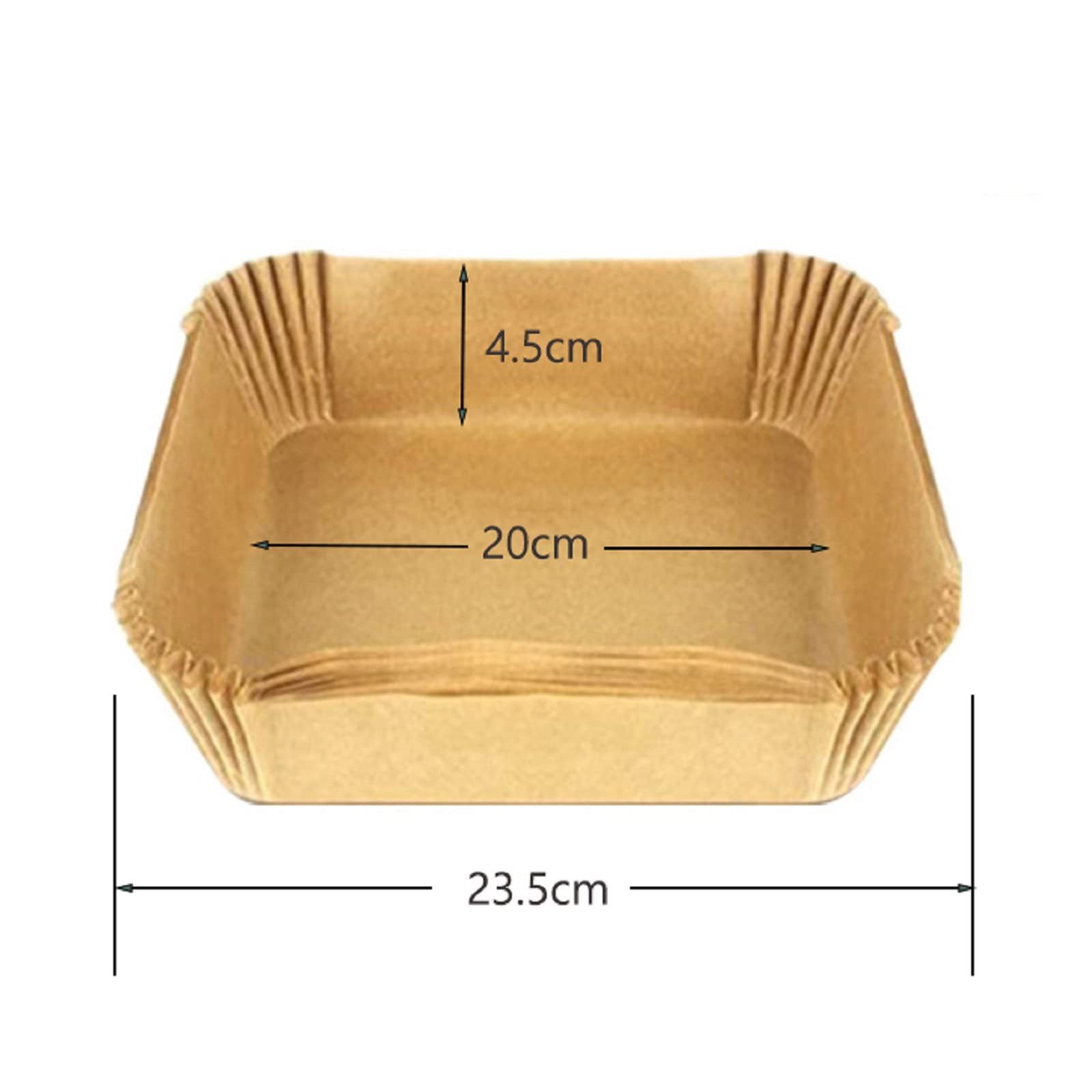 Braune Backform aus Papier mit Beschriftung der Maße: 4,5 cm hoch, 20 cm lang, 23,5 cm breit.