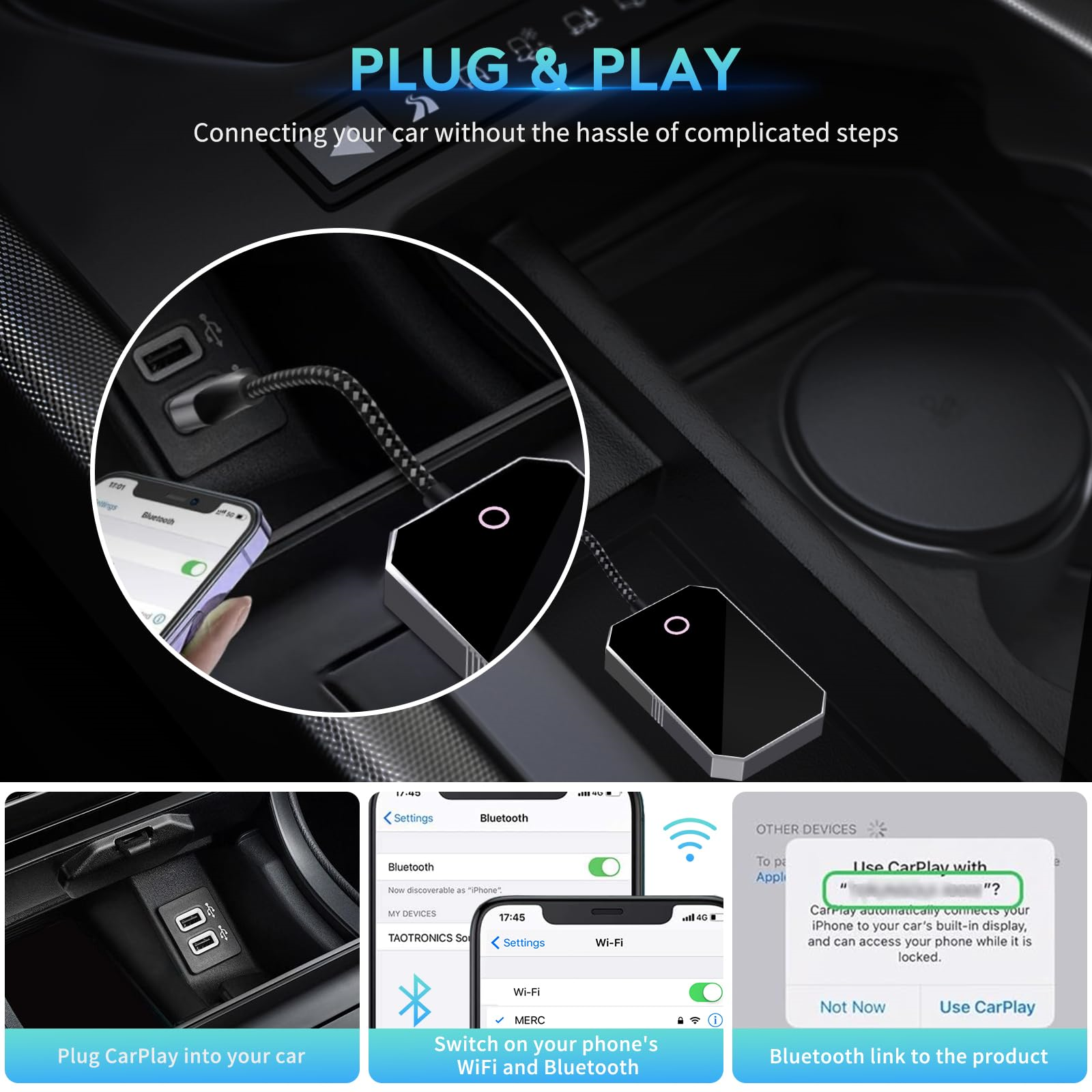 CarPlay-Adapter in einem Auto. Telefon über Kabel verbunden. Drei Unterbilder zeigen Einrichtungsschritte.