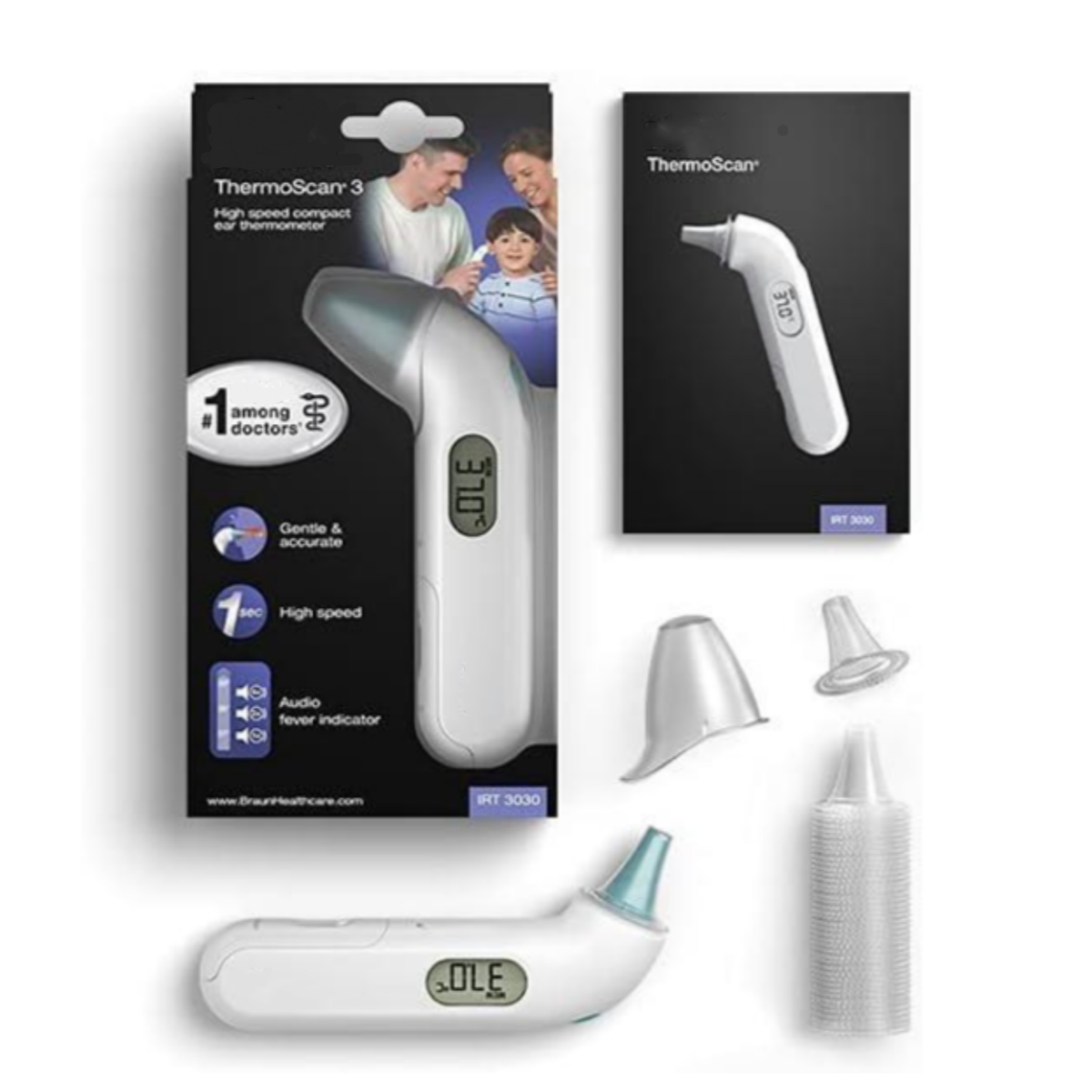 Mehrere Schachteln eines Thermoscan-Ohrthermometers und dessen Zubehör.