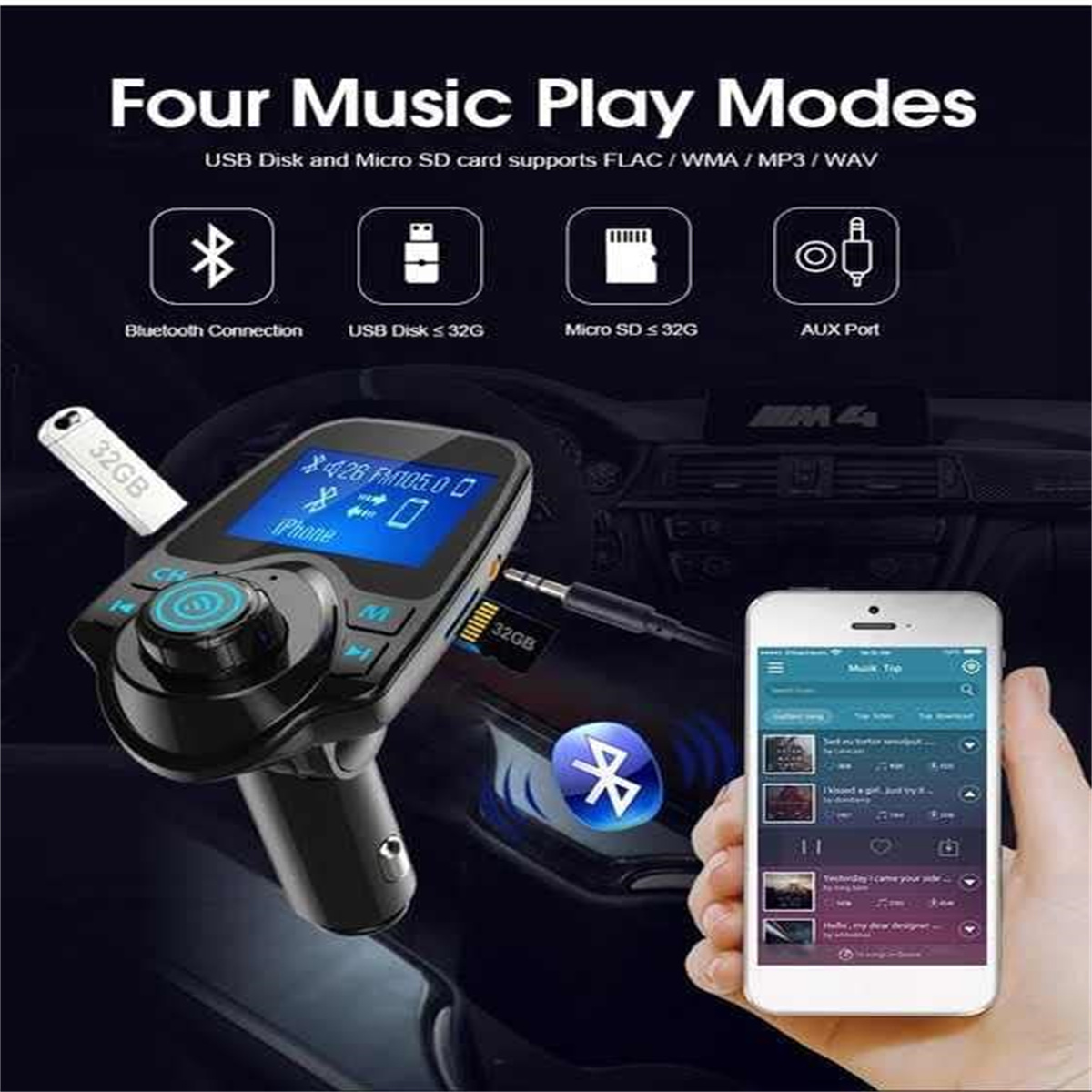 Auto-Gadget mit Bildschirm und Telefon. Schwarz. Zeigt Wiedergabemodus-Optionen. Weißer Hintergrund.